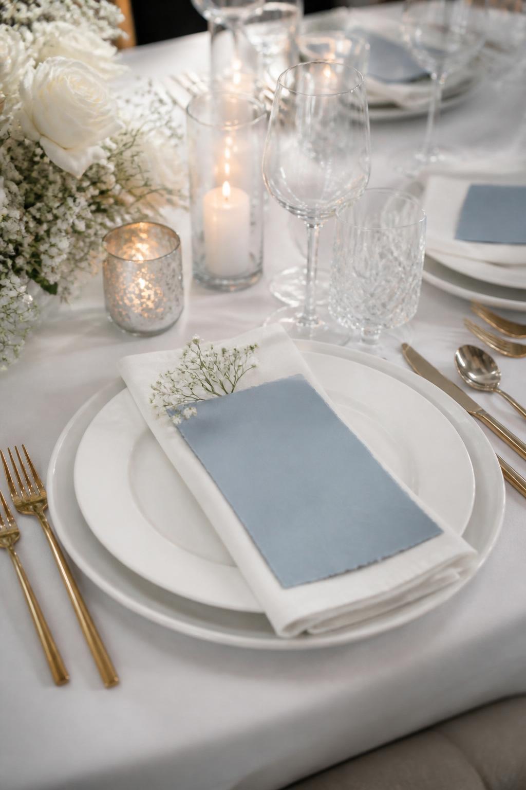 Image Prompt:
A close editorial wedding table photo showing soft blue menu cards with no readable text, layered white plates, folded linen napkins, gold flatware, clear crystal glasses, small white floral sprigs, and soft candlelight. No visible faces, no text, no watermark, realistic professional wedding photography, (no watermarks on images)