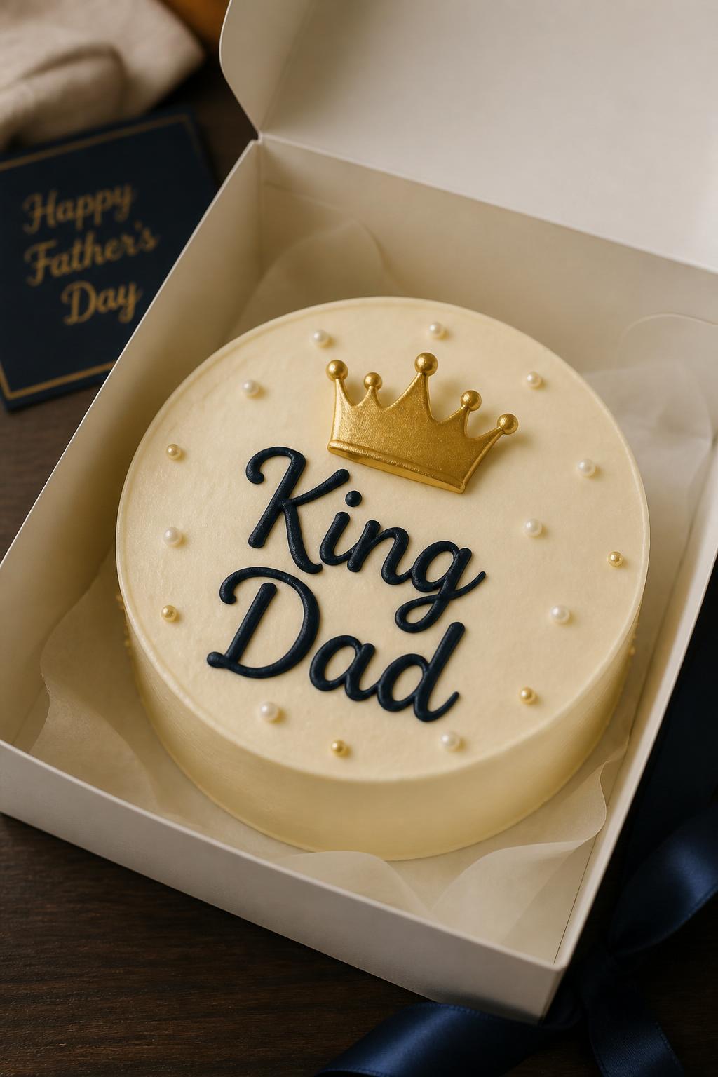 Image Prompt:
A stylish Father’s Day bento cake inside an open white cake box, smooth ivory frosting, small gold buttercream crown in the center, large neat icing text reading “King Dad,” pearl-like dot details, classy celebratory styling, realistic editorial dessert photography, no people, no hands, no faces, no watermarks on images