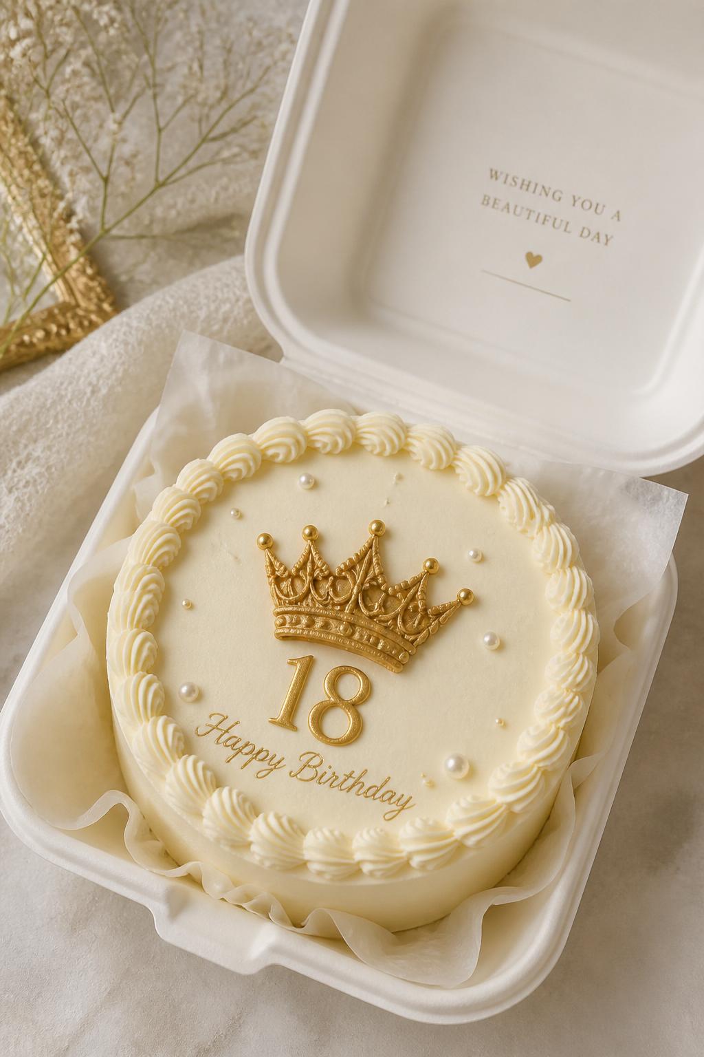 Image Prompt:
A creative crown themed 18th birthday bento cake inside an open white bento cake box, smooth ivory frosting, tiny gold buttercream crown in the center, large number “18,” pearl accents, neat piped border, classy birthday styling, realistic editorial bakery photography, no people, no hands, no faces, no watermarks on images
