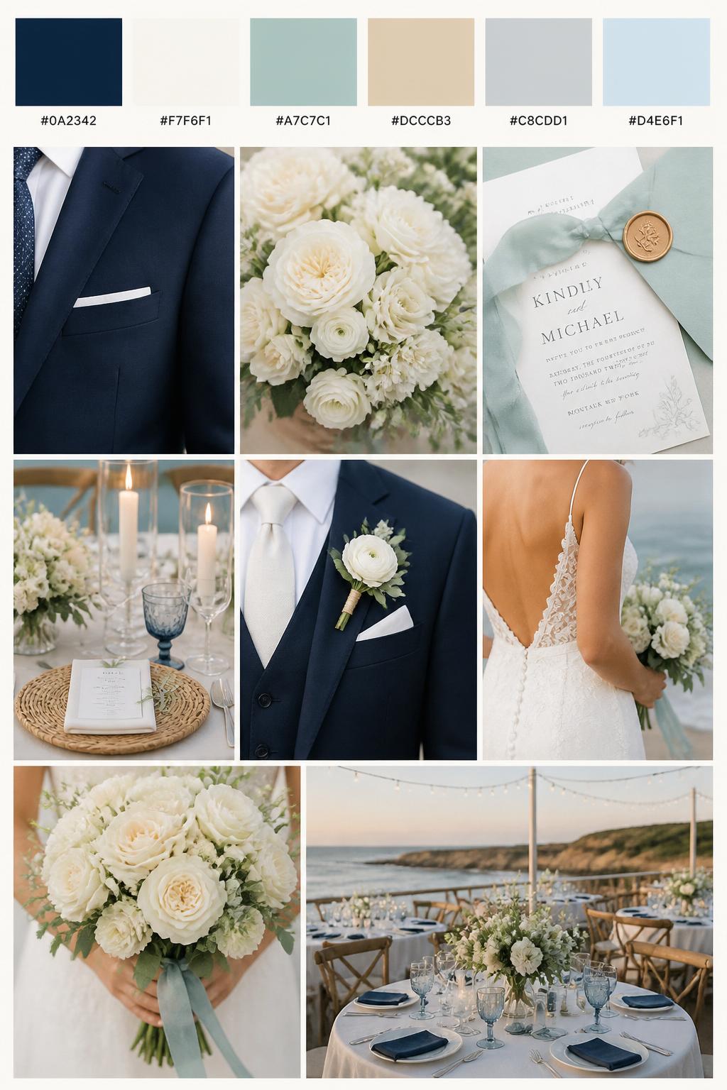 A realistic beach wedding palette board with a top row of color swatches and hex codes in navy blue, ivory, seafoam, warm sand, soft gray, and pale blue. Below, show a polished collage of navy suit details, ivory flowers, seafoam stationery or ribbon accents, elegant table settings, a groom suit detail with boutonniere and no visible face, cropped dress shots, bouquet styling in hands-only composition, and a romantic reception table near the coast. Use no full faces, with side crops, back views, and no-people decor shots for variety. The mood should feel classic, coastal, and romantic with true-to-life DSLR quality. 9:16 vertical format. (no watermarks on images)
