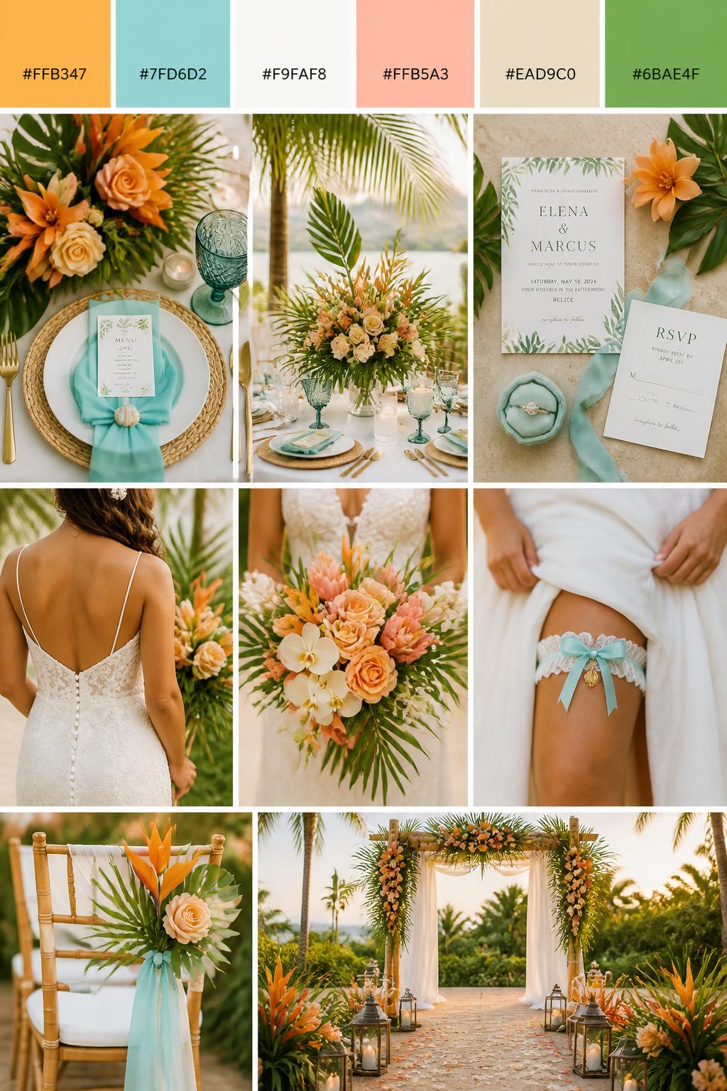 A realistic tropical wedding color mood board in a vertical collage style. Add a top strip of palette swatches with hex codes in mango, aqua, soft white, pale coral, warm beige, and fresh green. Below, show realistic wedding details like mango-toned florals, aqua table or ribbon accents, white linens, airy tropical centerpieces, elegant invitations, a bouquet held in front of the body with no face shown, back-view bridal detail shots, and a warm no-people ceremony scene with tropical flowers. Use no clear faces, with a mix of cropped body details, hands-only shots, and no-people styling scenes. The look should feel bright, tropical, romantic, and polished with DSLR realism. 9:16 vertical format. (no watermarks on images)