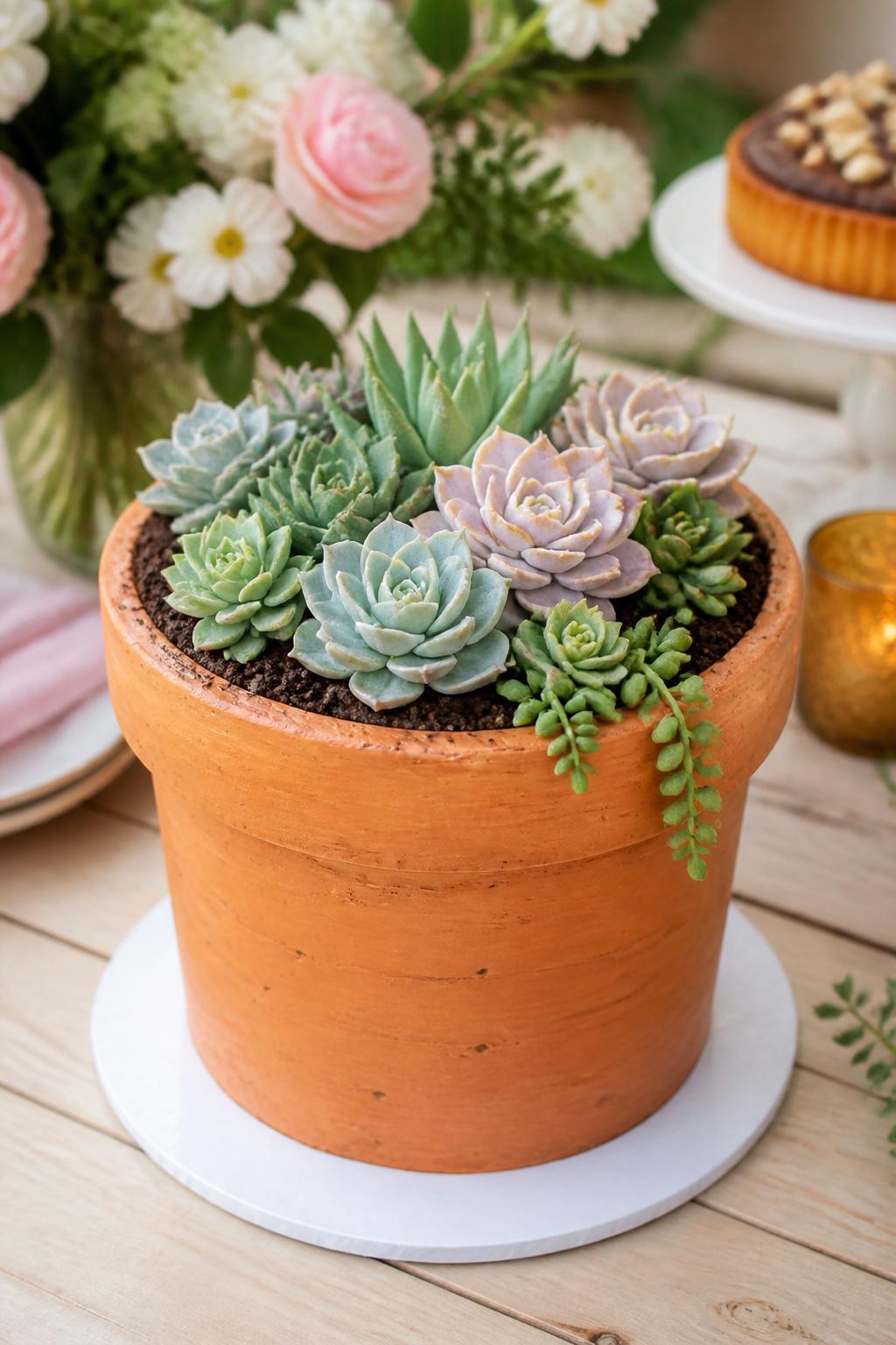 Detailed Image Prompt:
A realistic terracotta flower pot cake designed as a dessert centerpiece, with textured terracotta-colored buttercream, a top filled with lifelike buttercream succulents in sage green, dusty teal, and pale mauve, chocolate cookie crumb soil, placed on a light wooden table with soft garden party styling, bright natural light, close-up editorial dessert photography, highly detailed frosting texture, no people, realistic DSLR photo, no watermarks on images.