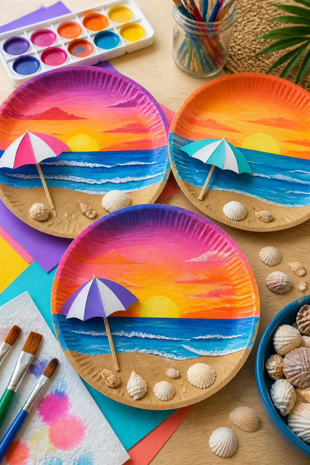 Detailed Image Prompt:
A colorful end-of-summer craft photo showing paper plate sunset beach scenes, paper plates painted with orange, pink, purple, and yellow skies, tan paper sand, blue ocean waves, tiny paper beach umbrellas, and small shell shapes, arranged on a clean craft table with washable paint and brushes nearby, warm summer sunset mood, no people, no faces, no readable text, no watermark on images.