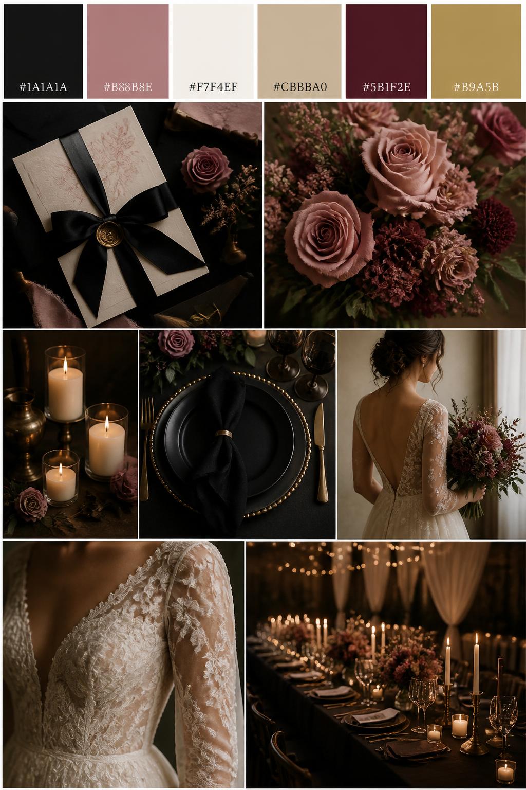 A dark romantic wedding palette board in a clean Pinterest collage style. Include a top row of swatches with hex codes in soft black, dusty rose, ivory, warm beige, muted wine, and antique brass. Below, show realistic wedding details: black ribbon-tied invitations, dusty rose roses, ivory candles, black charger plates, delicate brass flatware, a back-view bride holding a bouquet with no face visible, close-up dress details cropped below the chin, and a romantic reception table under warm light. Keep the style elegant, cute, slightly moody, and realistic. 9:16 vertical format. No full faces, no messy faces, no extra text except small hex codes. (no watermarks on images)