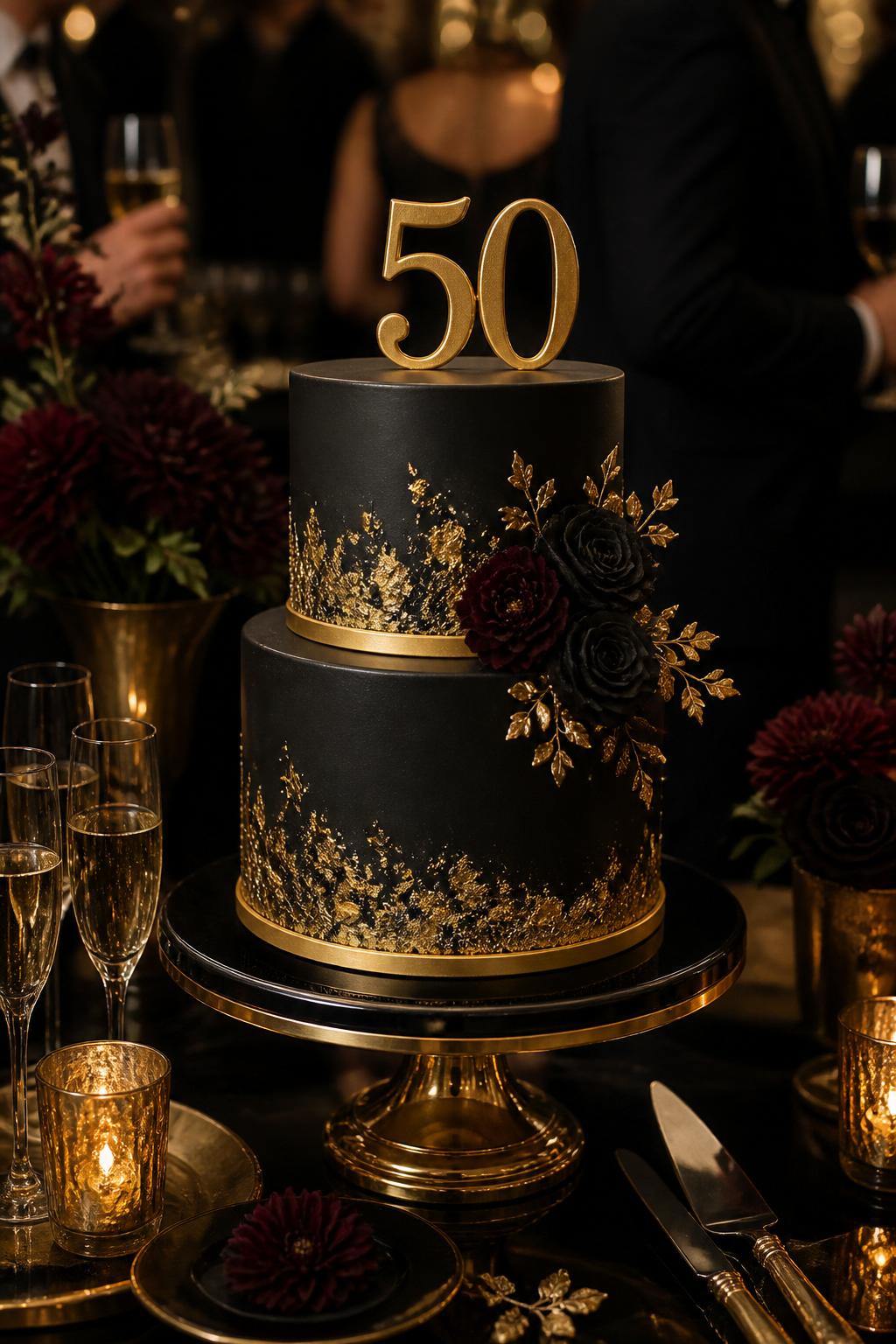 Image Prompt: Ultra-realistic evening 50th wedding anniversary party scene featuring a classy black and gold anniversary cake with smooth black fondant, metallic gold accents, subtle gold leaf, and a refined number "50" topper. Place the cake on a luxury dessert table with candles, dark florals, champagne glasses, black and gold decor, and a softly blurred formal celebration background. Keep the cake as the clear main subject. No visible faces. If people appear, show only cropped torsos, hands holding glasses, back views, or side silhouettes. Realistic fondant texture, rich gold shine, moody DSLR event photography. (no watermarks on images)