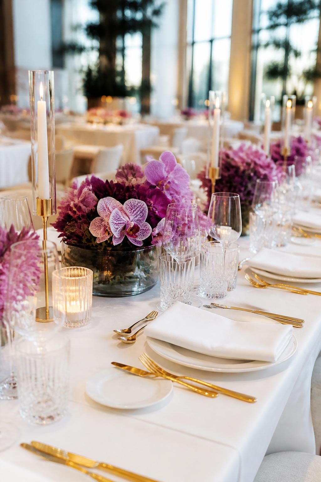 Image Prompt:
A modern elegant wedding table decorated with purple orchids in sleek low vases, white linen, white plates, clear glasses, slim candles, and polished gold flatware. Bright upscale reception space, no visible faces, no text, no watermark, realistic editorial wedding photography, (no watermarks on images)