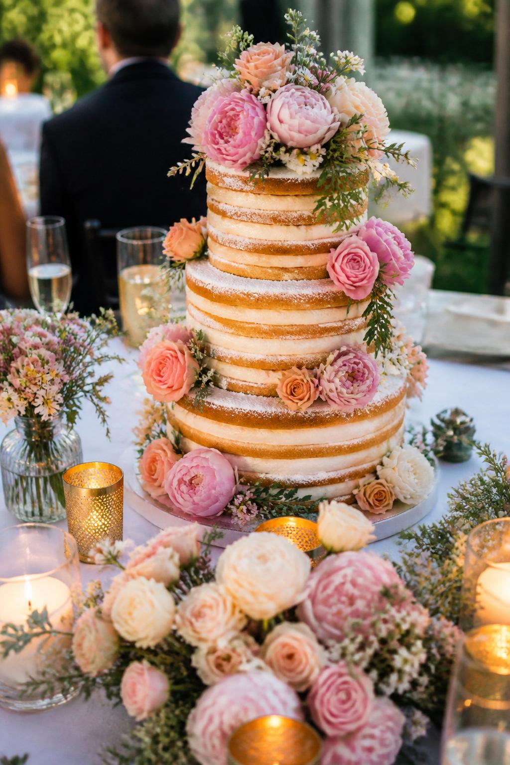 Image Prompt: Ultra-realistic wedding party scene showing a floral garden naked wedding cake with exposed vanilla layers, soft buttercream filling, and fresh garden flowers placed around each tier. Use soft roses, peonies, ranunculus, tiny wildflowers, and light greenery in blush, ivory, peach, and soft pink tones. Place the cake on a decorated reception cake table at a garden wedding with floral centerpieces, candles, glassware, and soft outdoor light. No visible faces. If guests are shown, use only blurred back views, cropped shoulders, or hands near the table. Realistic flowers, cake texture, and natural DSLR wedding photo style. (no watermarks on images)