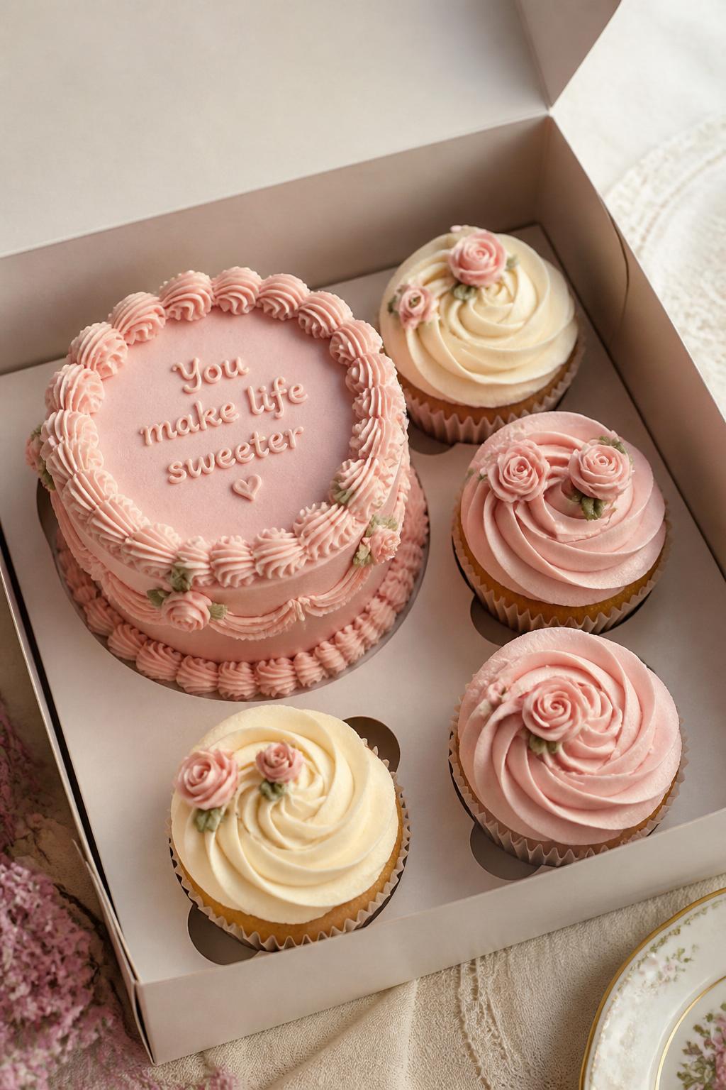 Image Prompt:
A vintage style bento cake with cupcakes set arranged in an open bakery box, one small round bento cake with blush pink frosting, shell borders, ruffle piping, and a short message on top, surrounded by four matching cupcakes with vintage buttercream swirls and tiny rosette details, romantic retro bakery styling, soft table setting, realistic close-up dessert photography, no people, no hands, no faces, no watermarks on images