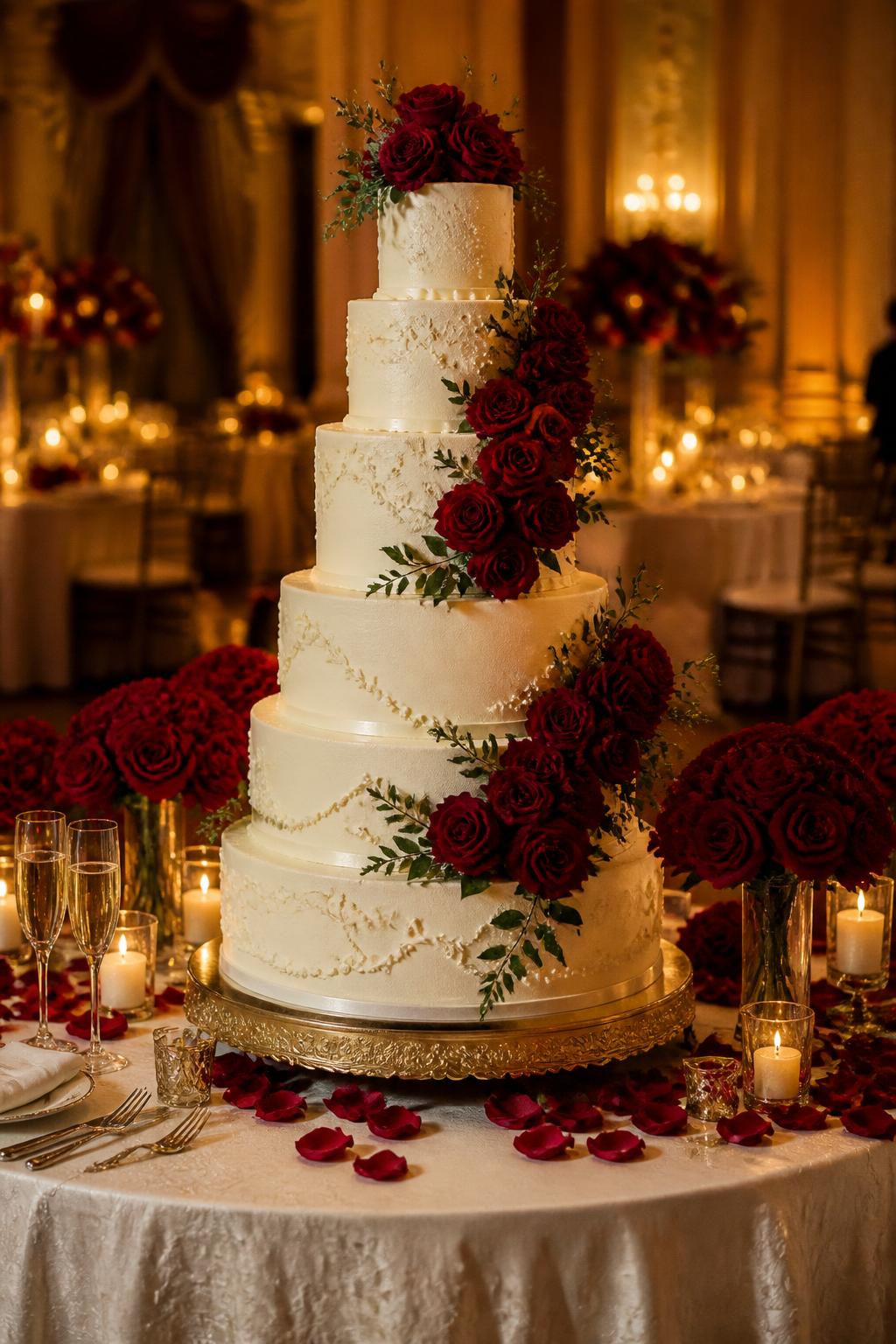 Image Prompt: Ultra-realistic wedding reception image of a tall statement wedding cake with multiple elegant tiers, smooth ivory icing, fresh red roses arranged beautifully across the cake, delicate greenery, and a polished romantic finish. Place the cake on a grand reception cake table with candles, red floral centerpieces, champagne glasses, fine linens, and a softly blurred luxury wedding venue backdrop. Keep the cake as the main focus. No visible faces. If people appear, show only cropped hands, side views in blur, back views, or neck-down figures. Realistic cake height, red rose petals, detailed icing texture, warm DSLR wedding photography. (no watermarks on images)