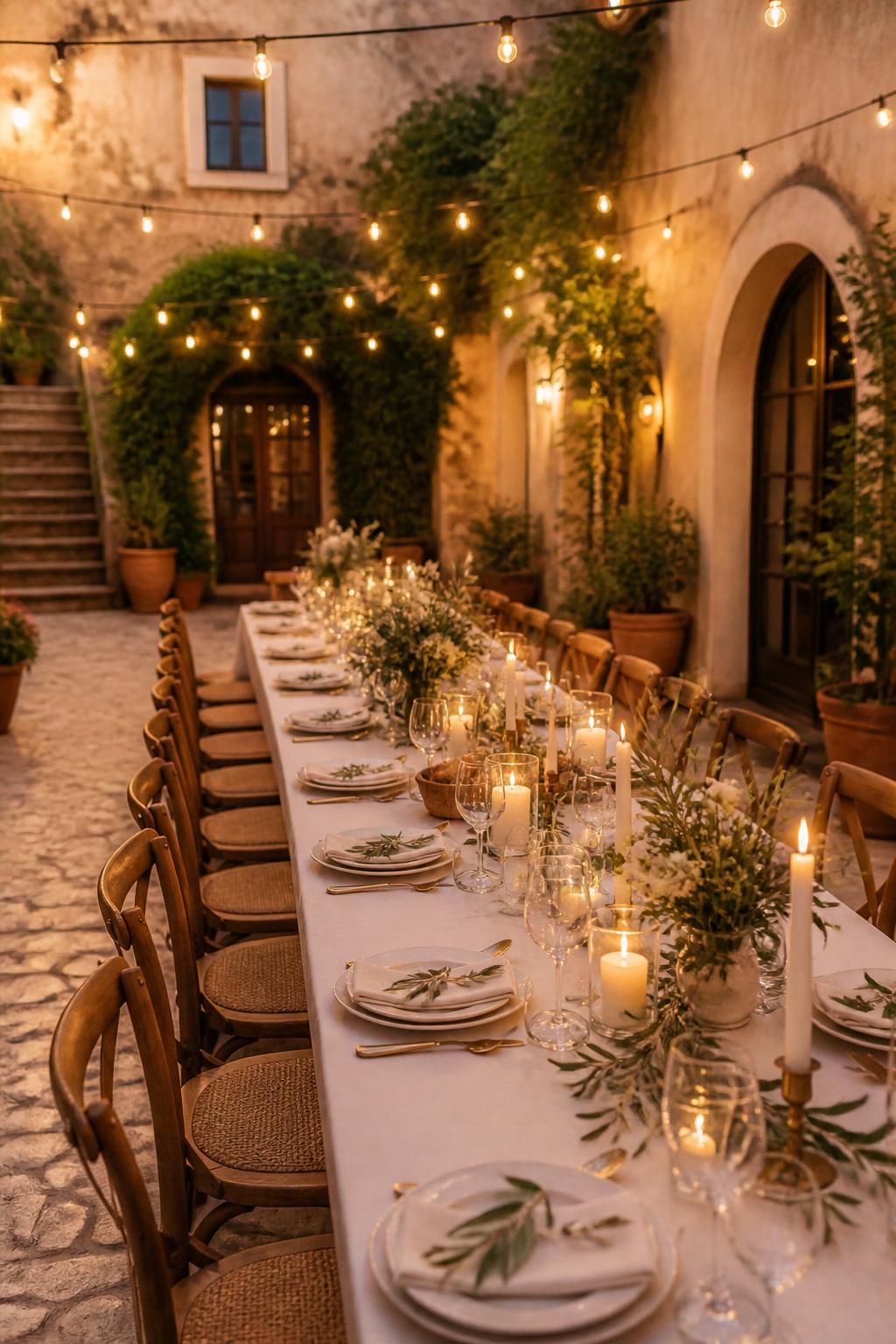 Image Prompt:
A dreamy Italian courtyard wedding reception photo showing a long table under string lights, styled with candles, olive branches, white linen, simple floral touches, wine glasses, ceramic plates, and elegant place settings. Warm evening atmosphere, stucco walls, stone flooring, no visible faces, no full people, no text, no watermark, realistic DSLR wedding photography, (no watermarks on images)