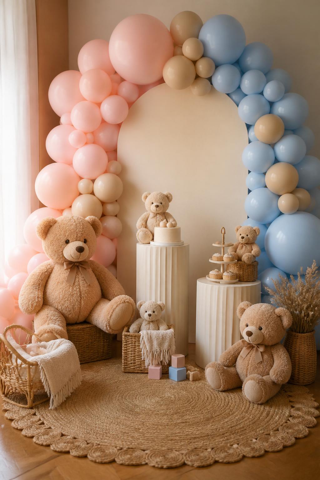 Image Prompt:
A single realistic photo of a cozy teddy bear gender reveal backdrop with tan teddy bears placed around a soft cream arch panel, blush pink and dusty blue balloon garland, warm beige rug, small wicker baskets, baby blocks, plush teddy bear props, neutral dessert plinths, soft nursery-inspired styling, indoor party setup, no people, no faces, warm daylight, realistic photo texture, no text, no watermark.