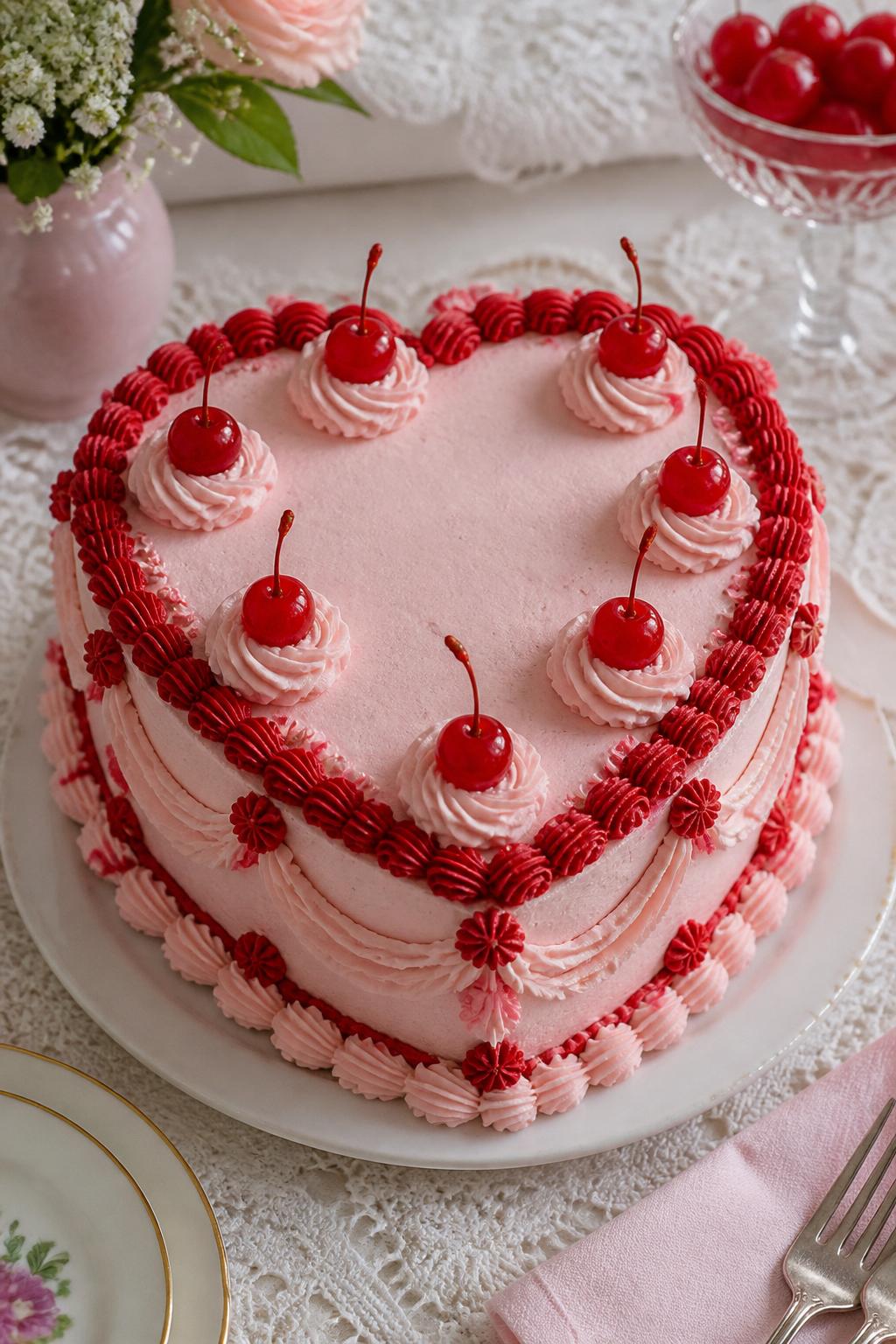 Detailed Image Prompt:
A heart-shaped vintage cake with pale pink buttercream, red piped borders, tiny buttercream swirls, glossy maraschino cherries on top, and delicate shell piping around the edges, styled on a lace-covered dessert table with soft daylight, romantic editorial cake photography, no people, realistic DSLR image, no watermarks on images.