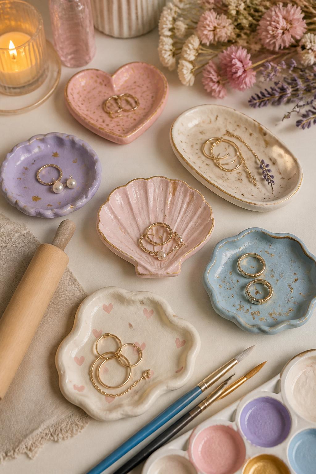 Detailed Image Prompt:
A pretty girls’ night craft photo showing handmade mini clay trinket dishes, heart, oval, shell, and wavy circle shapes painted in pink, cream, lavender, gold, and soft blue, tiny rings and earrings placed inside, air-dry clay, rolling pin, paintbrushes, and dried flowers nearby, cozy vanity decor style, no people, no faces, no readable text, no watermark on images.