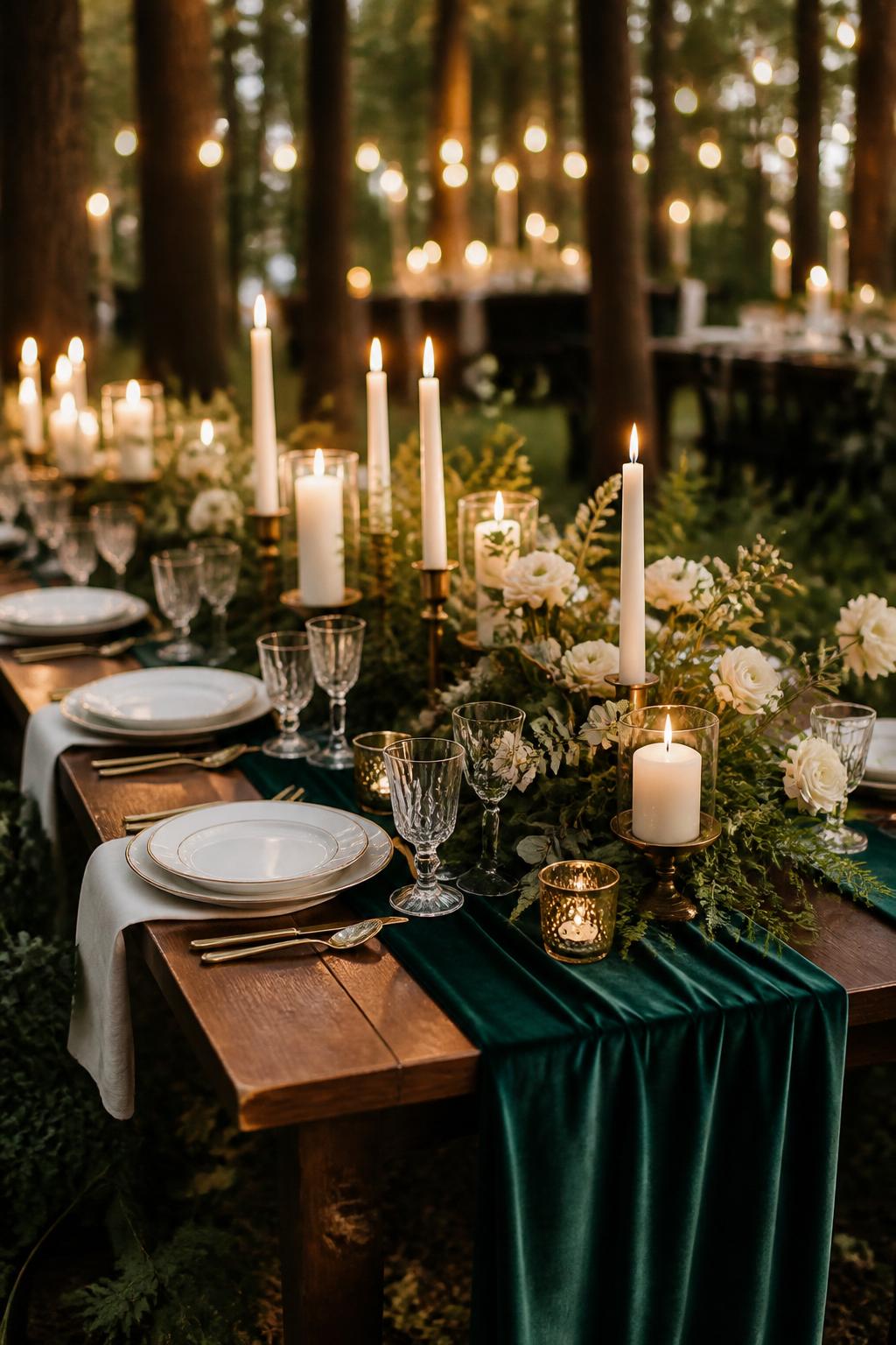An elegant forest wedding reception table styled with a deep green velvet table runner, gold candle holders, ivory candles, white plates, gold flatware, forest greenery, and soft white blooms. The reception is in a woodland setting with warm evening light and a rich romantic feel. No visible faces, no text, no watermark, professional editorial wedding photography.
