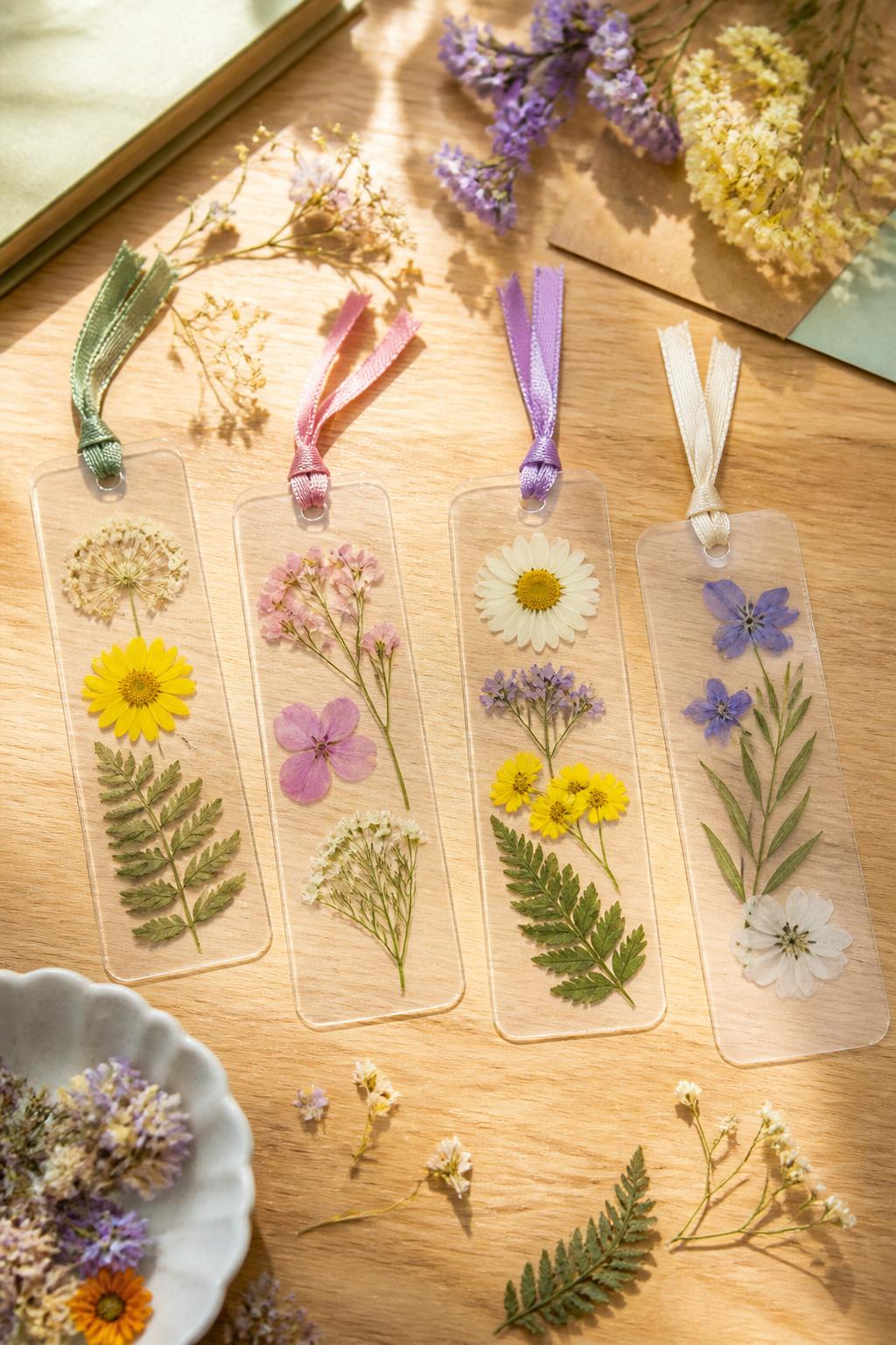 Detailed Image Prompt:
A beautiful kids’ nature craft photo showing handmade pressed flower bookmarks, clear laminated-style bookmarks with small pressed flowers, green leaves, soft ribbon tassels, and rounded corners, arranged on a light wooden table with extra dried flowers and craft paper, sunny summer afternoon feel, clean editorial photography, no hands, no faces, no text, no watermark on images.