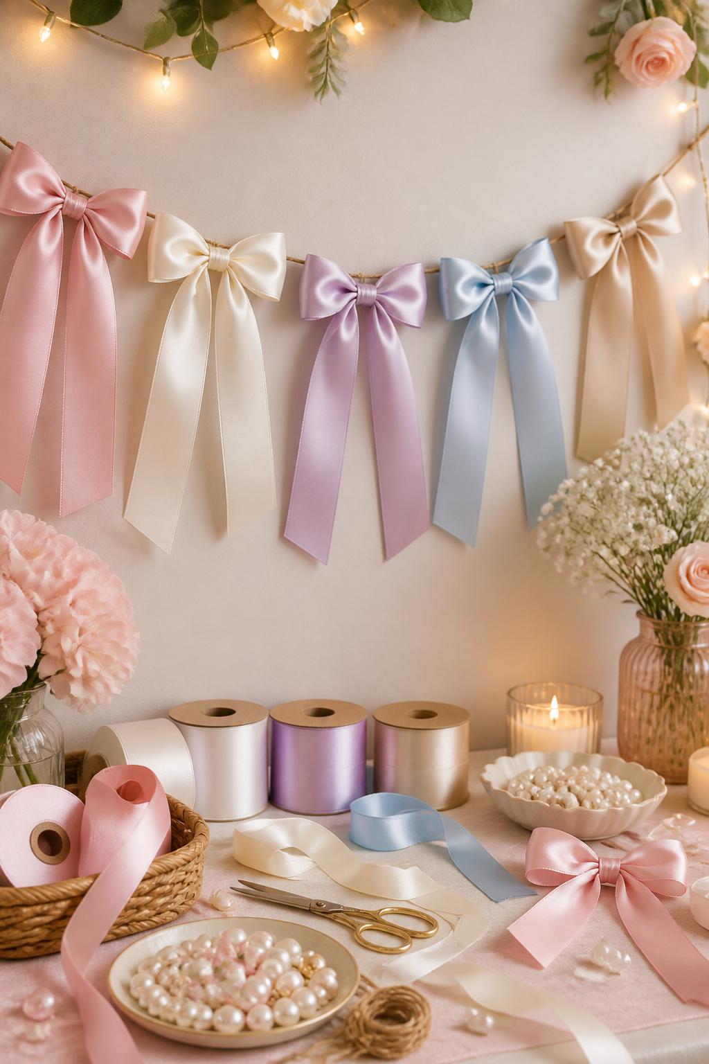 Detailed Image Prompt:
A feminine girls’ night craft photo showing a handmade satin bow garland, satin bows in blush pink, cream, lavender, baby blue, and champagne tied onto twine, displayed across a wall above a craft table with ribbon rolls, scissors, and pearl accents nearby, soft pretty party decor style, no people, no faces, no readable text, no watermark on images.