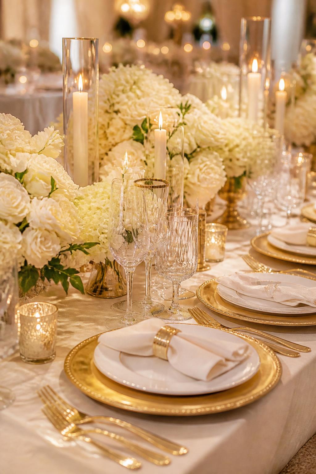 Image Prompt:
A beautiful wedding table image showing a gold and white color palette with white flowers, gold chargers, clear glass candle holders, crystal glasses, white plates, soft linen napkins, and elegant warm lighting. Refined reception setting, no visible faces, no text, no watermark, professional DSLR wedding photography, (no watermarks on images)