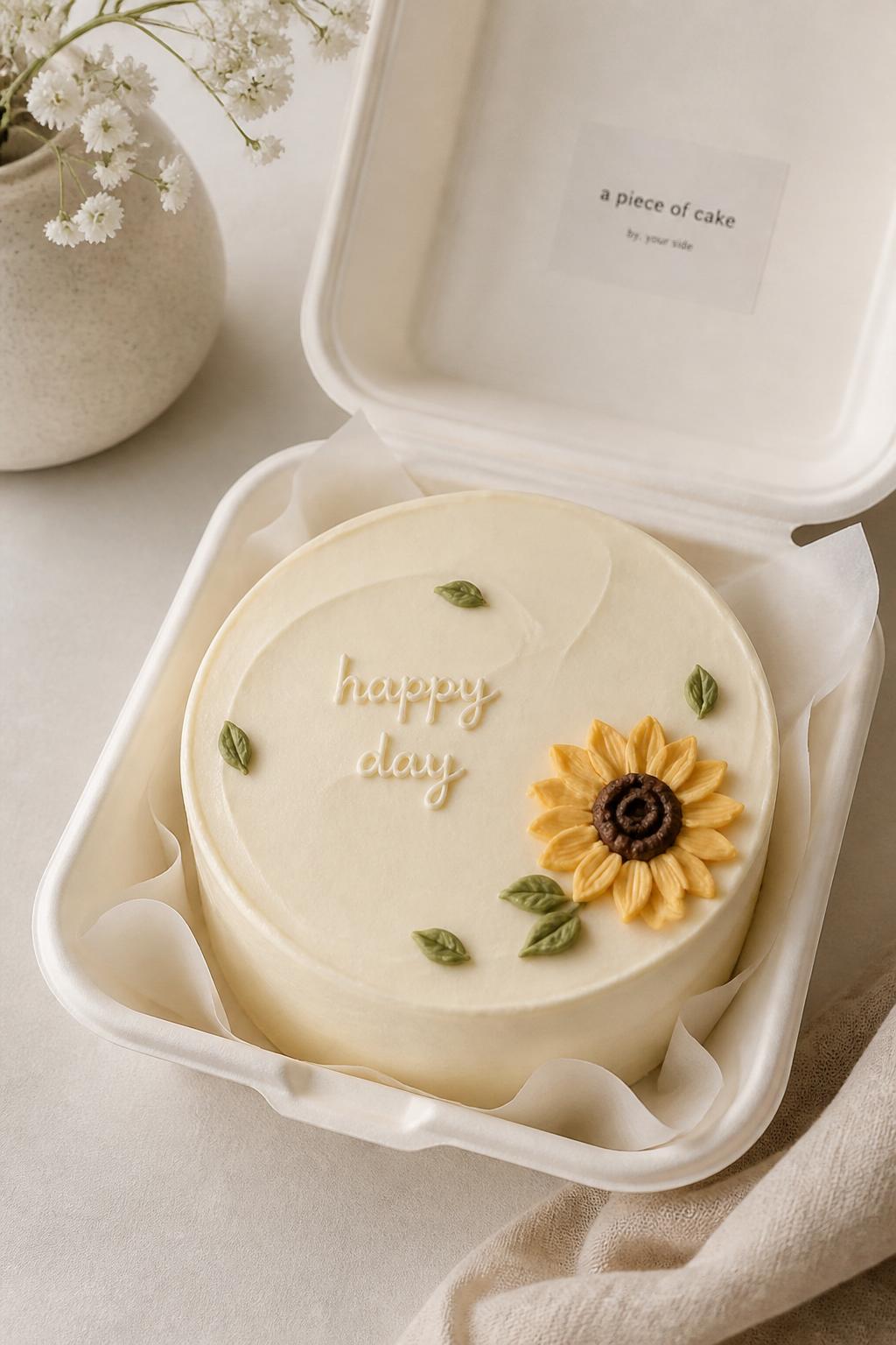 Image Prompt:
A beautiful minimal sunflower bento cake inside an open white bento cake box, smooth cream buttercream frosting, one small sunflower piped neatly in the corner, tiny green leaf accents, short handwritten icing text reading “happy day,” clean modern styling, soft natural light, neutral pastel background, realistic editorial bakery photography, no people, no hands, no faces, no watermarks on images