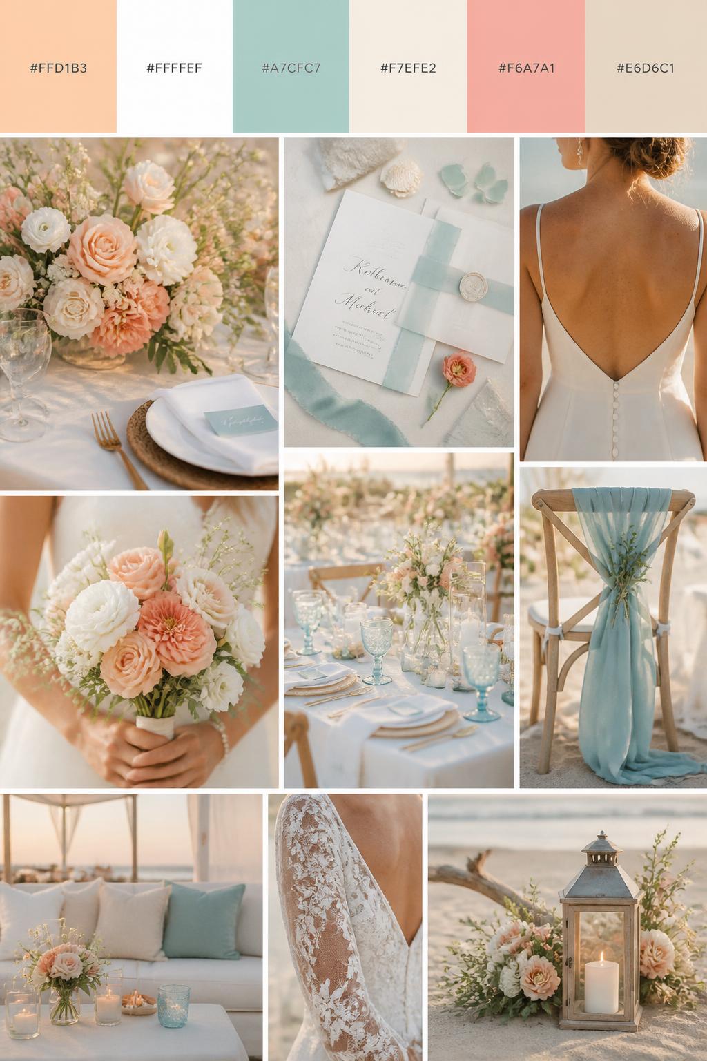 A realistic wedding inspiration collage with a top color strip showing hex-coded swatches in peach, white, sea glass blue, cream, pale coral, and soft sand. Below the palette strip, create a realistic wedding mood board with peach flowers, white linens, sea glass blue accents, invitation flat lays, cropped dress detail shots, hands holding a bouquet, and no-people decor scenes in warm beach light. Use back views, side views, shoulder-down crops, and detail-only shots so no full faces are visible. The mood should feel soft, fresh, romantic, and coastal with DSLR-style realism. 9:16 vertical format. (no watermarks on images)