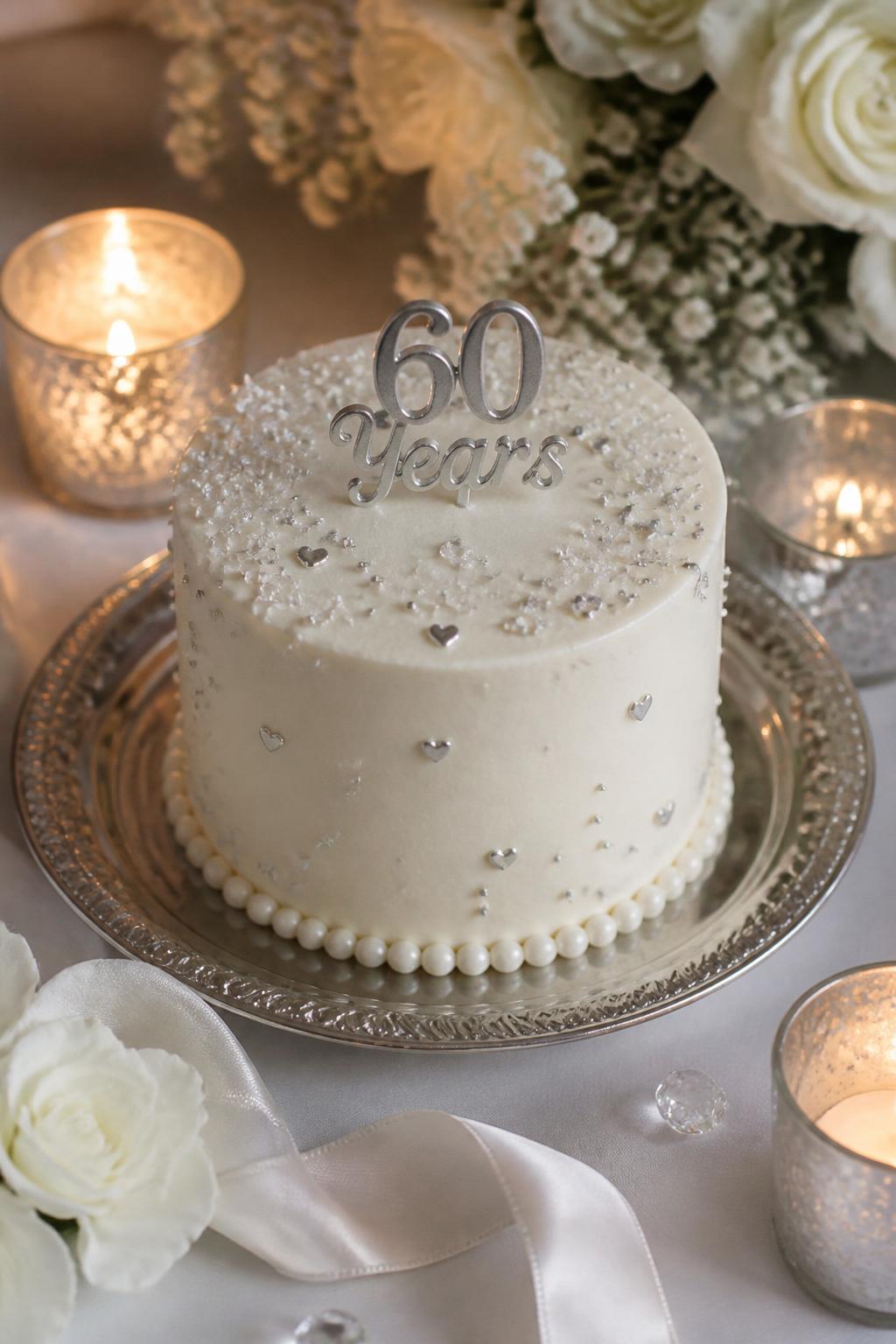 Image Prompt: A cute mini diamond anniversary cake with smooth white buttercream, tiny silver hearts, edible crystal sprinkles, pearl borders, and a small “60 Years” topper. Place it on a silver dessert plate with candles, white flowers, satin ribbon, and soft warm lighting. Make it intimate, sweet, and realistic, no people, no faces, no watermark. (no watermarks on images)