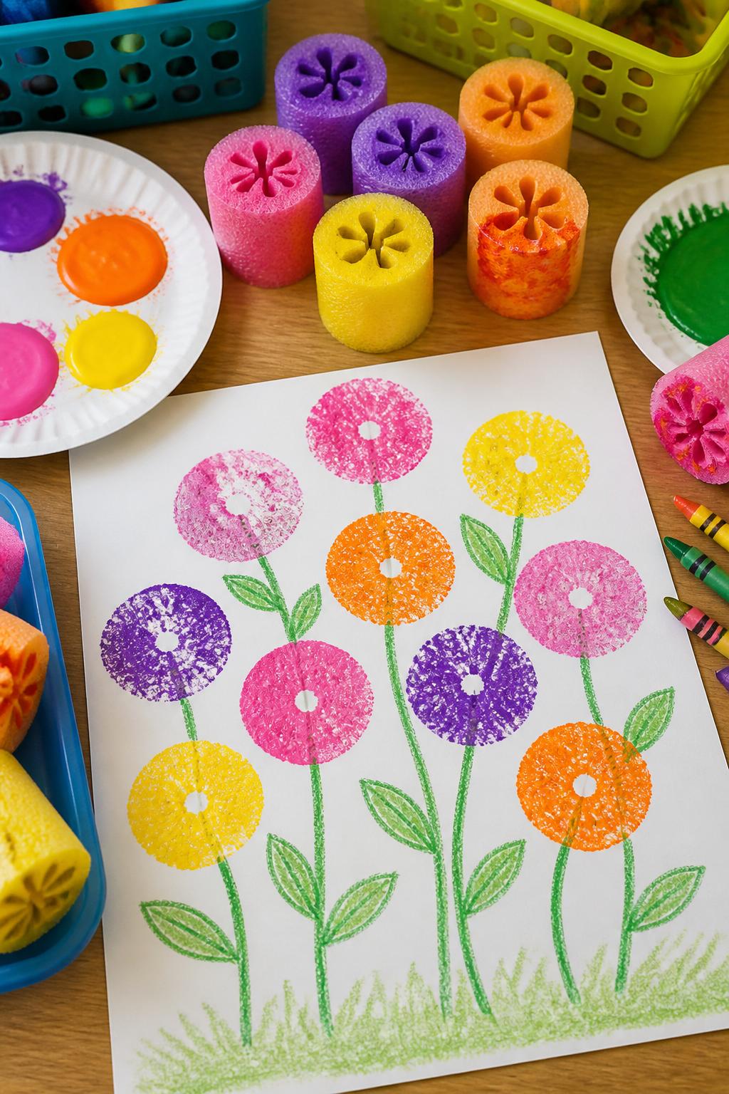 Detailed Image Prompt:
A bright summer daycare craft photo showing flower stamp art made with pool noodle pieces, round flower prints in pink, yellow, orange, and purple on white cardstock, green stems and leaves drawn below, sliced pool noodle stampers, washable paint plates, and crayons nearby, playful preschool craft table setup, no people, no faces, no readable text, no watermark on images.