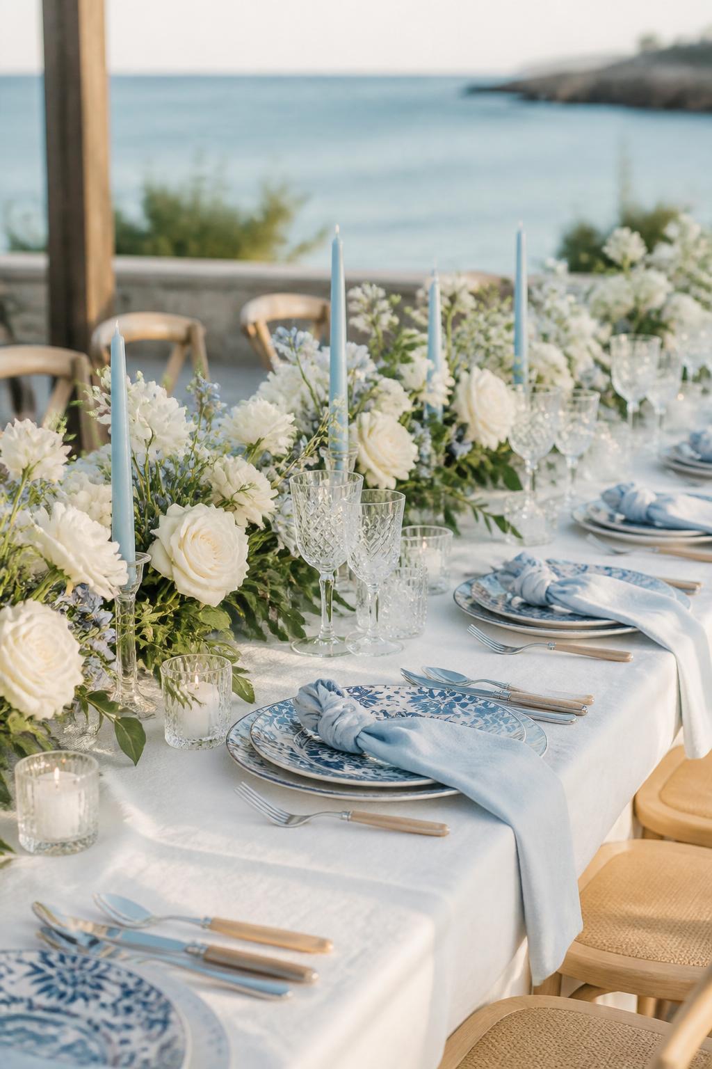 Image Prompt:
A professional editorial wedding reception photo showing a long coastal wedding table styled with white linen, soft blue napkins, blue and white patterned plates, white roses, pale blue taper candles, clear crystal glasses, and light wood chairs. Airy seaside wedding reception setting with soft natural sunlight, no visible faces, no full people, table-focused composition, realistic DSLR wedding photography, no text, no watermark, (no watermarks on images)