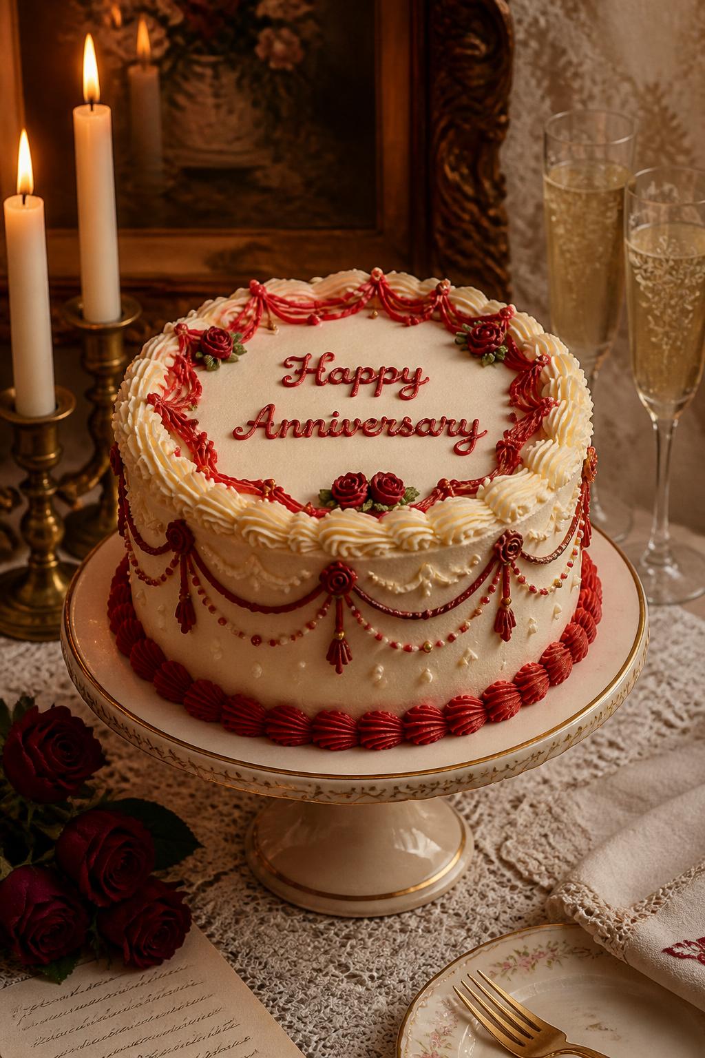 Image Prompt: A vintage-style red and white anniversary cake with ivory buttercream, red Lambeth piping, shell borders, pearl dots, tiny red roses, and soft gold accents. Style it on a classic cake stand with lace linen, candles, champagne glasses, and a warm vintage-inspired setting. Make it nostalgic, romantic, and realistic, no people, no faces, no watermark. (no watermarks on images)