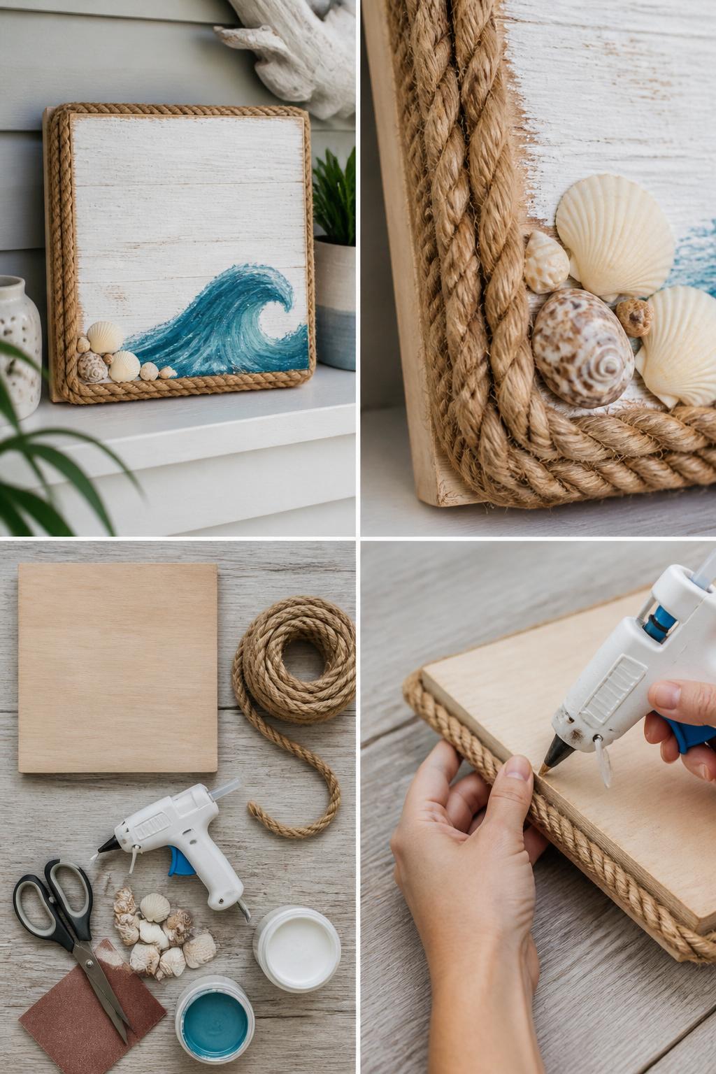 Detailed Image Prompt:
A realistic editorial 2x2 collage grid showing a coastal rope border wooden sign, top-left finished square wood sign with whitewashed background, jute rope border, small painted blue wave, and shell accents on a porch shelf, top-right close-up of rope texture and tiny shell details, bottom-left flat lay of wood board, jute rope, blue and white outdoor paint, small shells, scissors, hot glue gun, sandpaper, and sealer, bottom-right cropped hands gluing rope around the wood board edge, relaxed coastal summer craft styling, no faces, no text, no watermark on images.