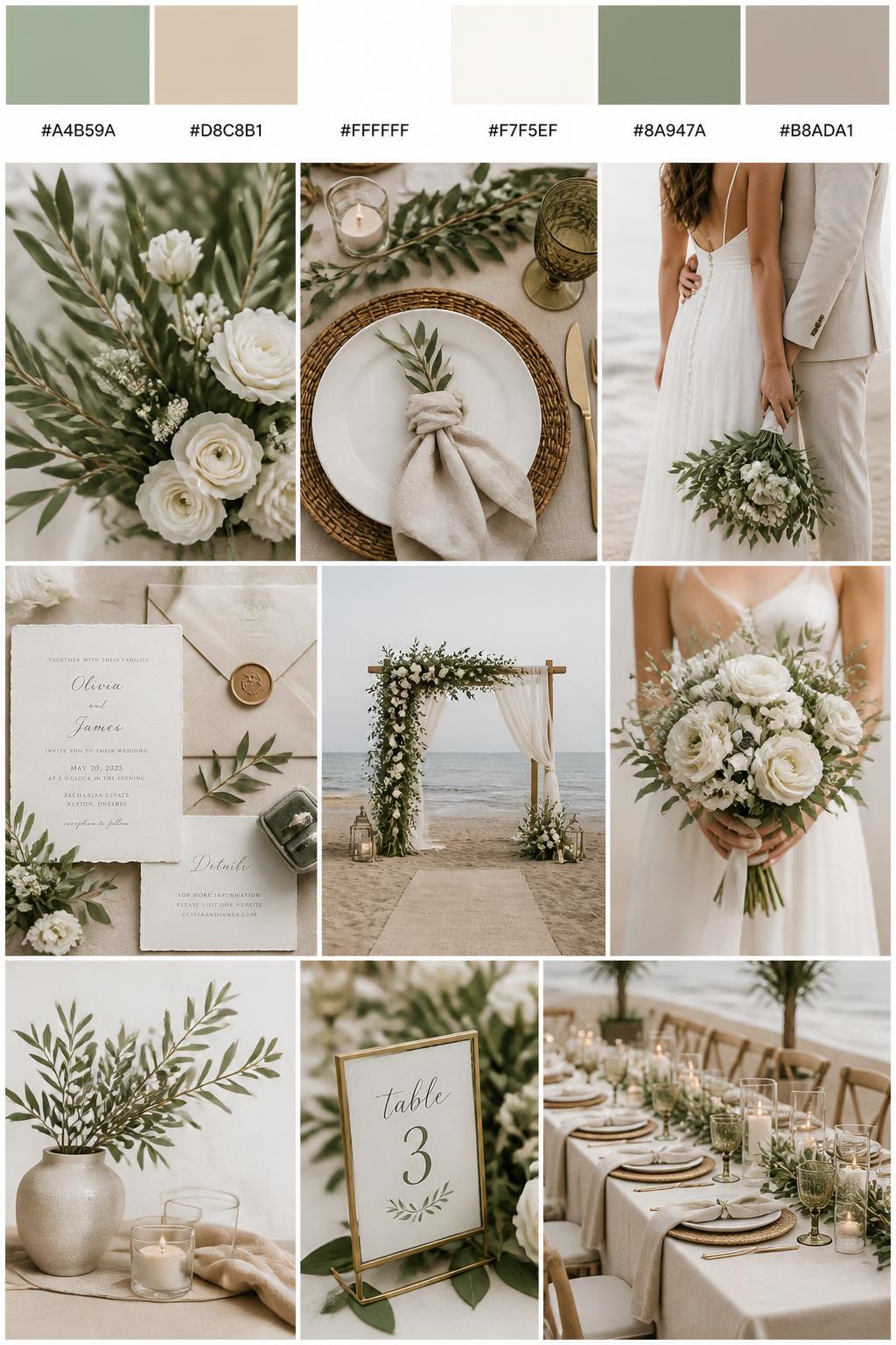 A realistic wedding palette mood board in a polished Pinterest collage layout. Include a top strip of color swatches with hex codes in sage green, sand beige, white, ivory, muted olive, and soft taupe. Below, show a fresh collage with sage greenery, white flowers, sand-colored linens, simple table styling, invitation flat lays, a side-view cropped couple shot with no faces visible, bouquet close-ups, and softly lit beach ceremony decor. Keep variety in the compositions with no full faces, using back views, hands-only images, and no-people styling scenes. The mood should feel natural, beachy, and romantic with real DSLR photo quality. 9:16 vertical format. (no watermarks on images)