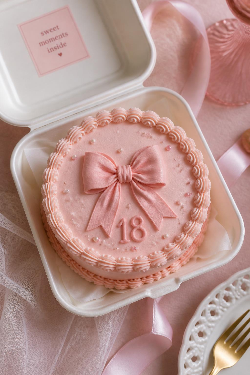 Image Prompt:
A cute pink bow themed 18th birthday bento cake inside an open white bento box, pale pink frosting, central buttercream bow design, tiny pearl sprinkles, delicate piped border, small icing number “18,” coquette inspired bakery styling, soft pastel backdrop, realistic DSLR dessert photography, no people, no hands, no faces, no watermarks on images