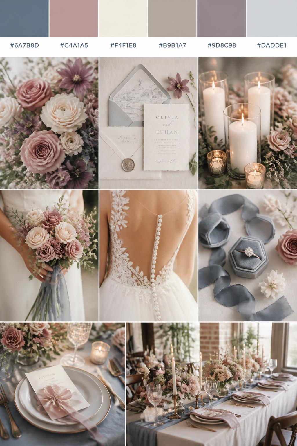 A realistic wedding color scheme mood board with a top swatch strip and small hex codes in blue gray, dusty rose, ivory, soft taupe, mauve, and pale silver. Below, create a soft elegant collage of dusty rose flowers, blue gray ribbon, ivory candles, airy invitations, hands holding a bouquet, a back-view bridal detail, and a no-people reception table with romantic styling. Use no clear faces and mix detail shots with no-people decor images for variety. The mood should feel calm, romantic, and elegant with soft natural light and DSLR-style realism. 9:16 vertical format. (no watermarks on images)