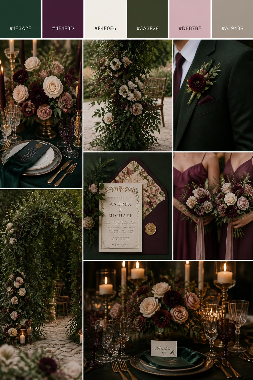 A realistic dark romantic wedding mood board with a top strip of color swatches and small hex codes in forest green, mulberry, cream, deep olive, dusty blush, and warm taupe. Below, create a cohesive collage with forest green velvet table details, mulberry floral arrangements, cream roses, leafy ceremony decor, elegant invitations, a no-face close-up of a groom’s suit with a mulberry boutonniere, bridesmaid dress details cropped from the neck down, and a candlelit table setting. The mood should feel lush, cute, romantic, and garden-inspired with realistic DSLR texture. 9:16 vertical format. Avoid faces and keep people cropped or turned away. (no watermarks on images)