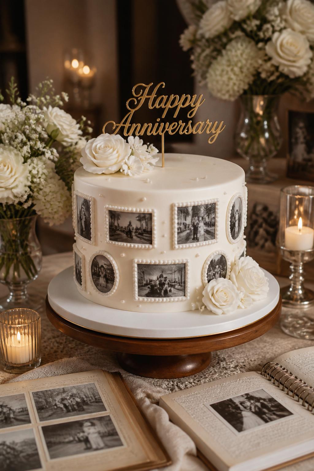 Image Prompt: A refined anniversary cake with smooth white fondant, several small black-and-white edible photo frames arranged neatly around the side, pearl accents, white sugar flowers, and a simple gold anniversary topper. Style it on a warm family celebration table with candles, photo albums, and neutral flowers. Make the printed photos softly blurred with no clear visible faces, realistic, elegant, no people, no faces, no watermark. (no watermarks on images)