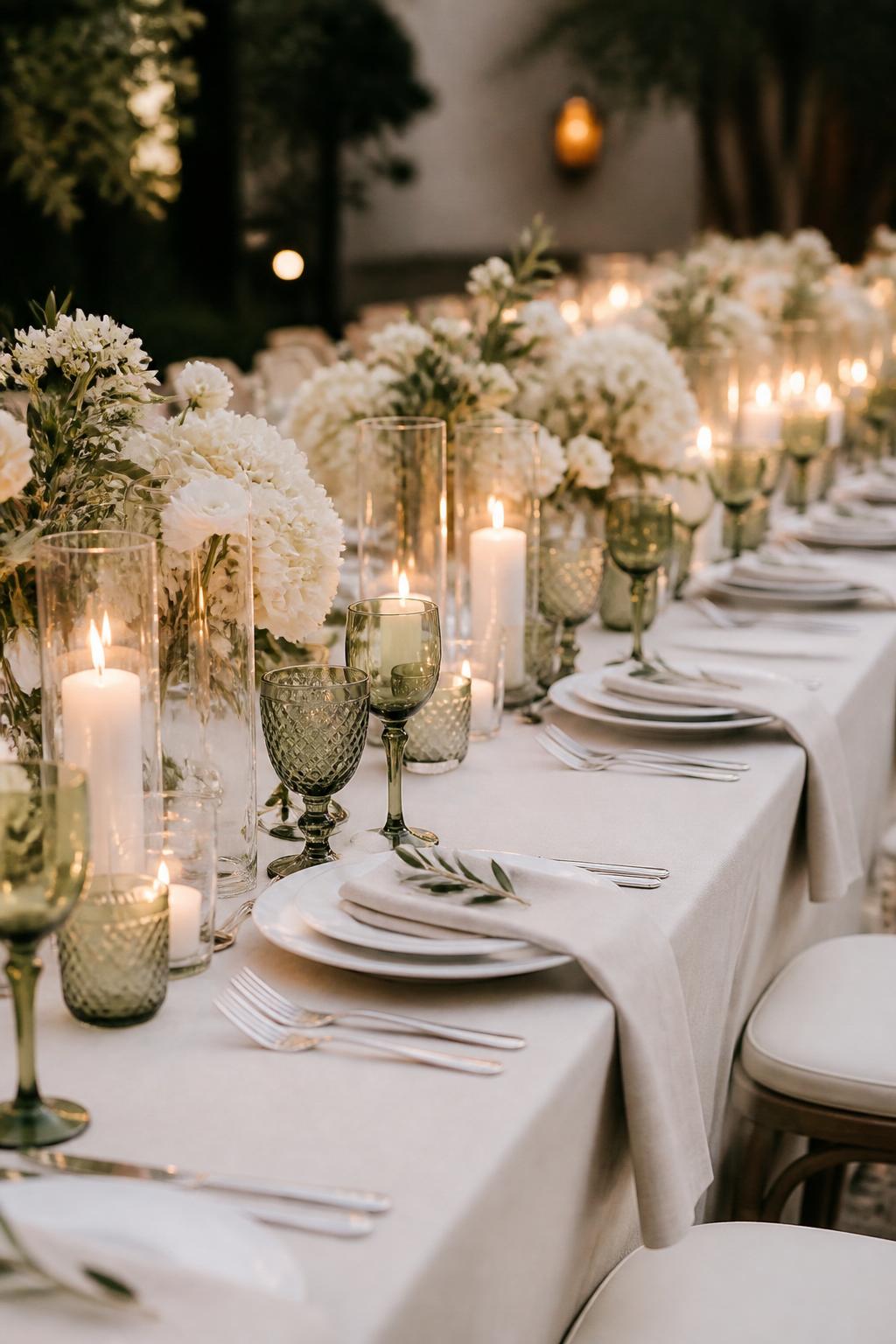 Image Prompt:
A chic wedding table featuring green-tinted glassware, white floral centerpieces, white plates, ivory linen napkins, soft candlelight, and polished flatware. Elegant modern or garden reception setting, no visible faces, no text, no watermark, professional editorial wedding photography, (no watermarks on images)