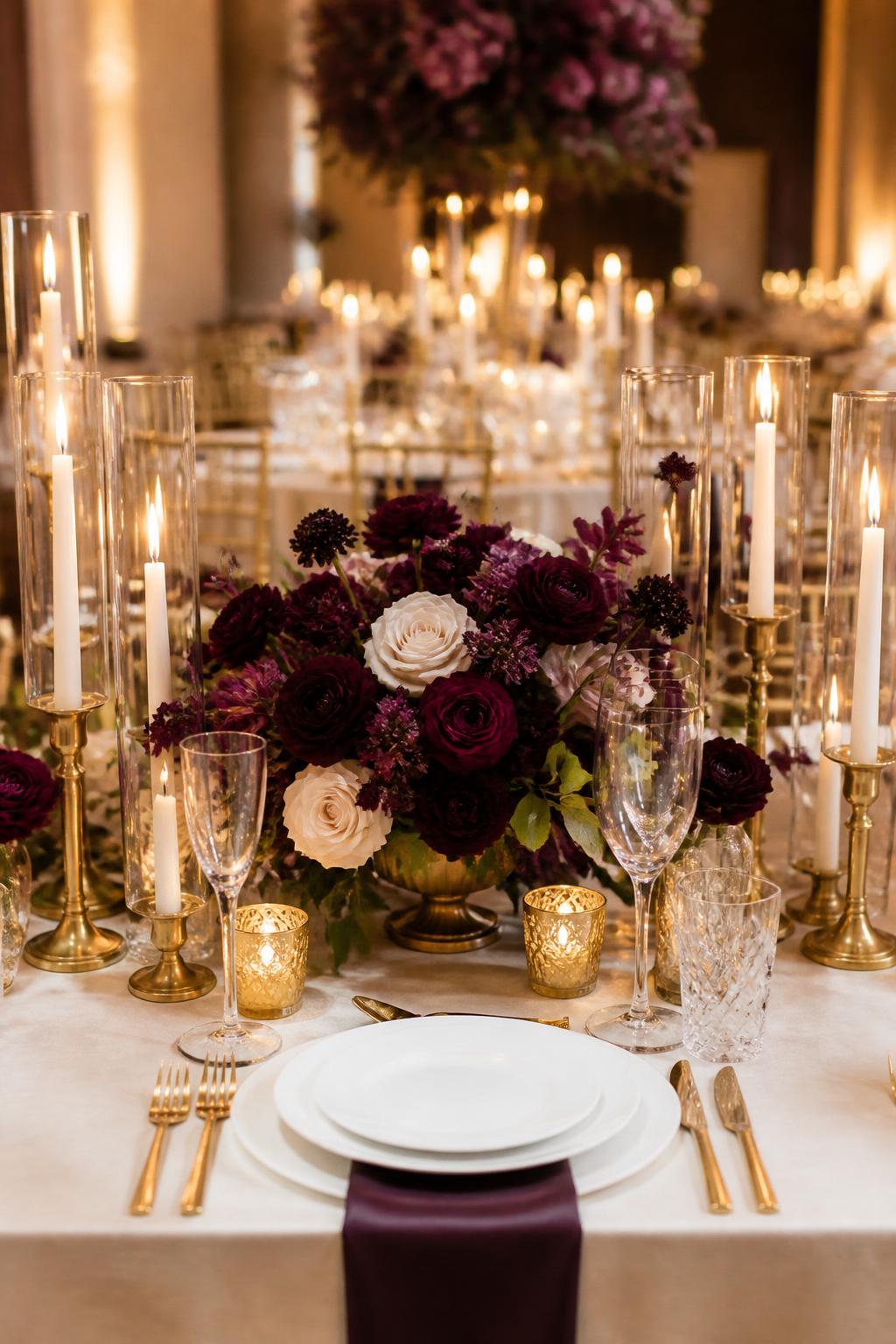 Image Prompt:
An elegant wedding table image featuring plum floral centerpieces, deep purple ranunculus, ivory roses, dark greenery, gold candle holders, ivory candles, white plates, gold flatware, and crystal glassware. Formal indoor wedding reception setting with warm lighting, no visible faces, no text, no watermark, professional DSLR wedding photography, (no watermarks on images)