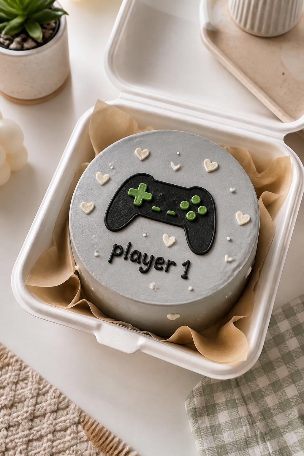Image Prompt:
A cute gamer themed bento cake for boyfriend, small round cake with light gray frosting, simple black and green buttercream game controller icon in the center, tiny hearts around the controller, icing text reading “player 1,” placed in an open bento cake box, modern fun dessert styling, soft desk setup background with no screens visible, realistic food photography, no people, no hands, no faces, no watermarks on images