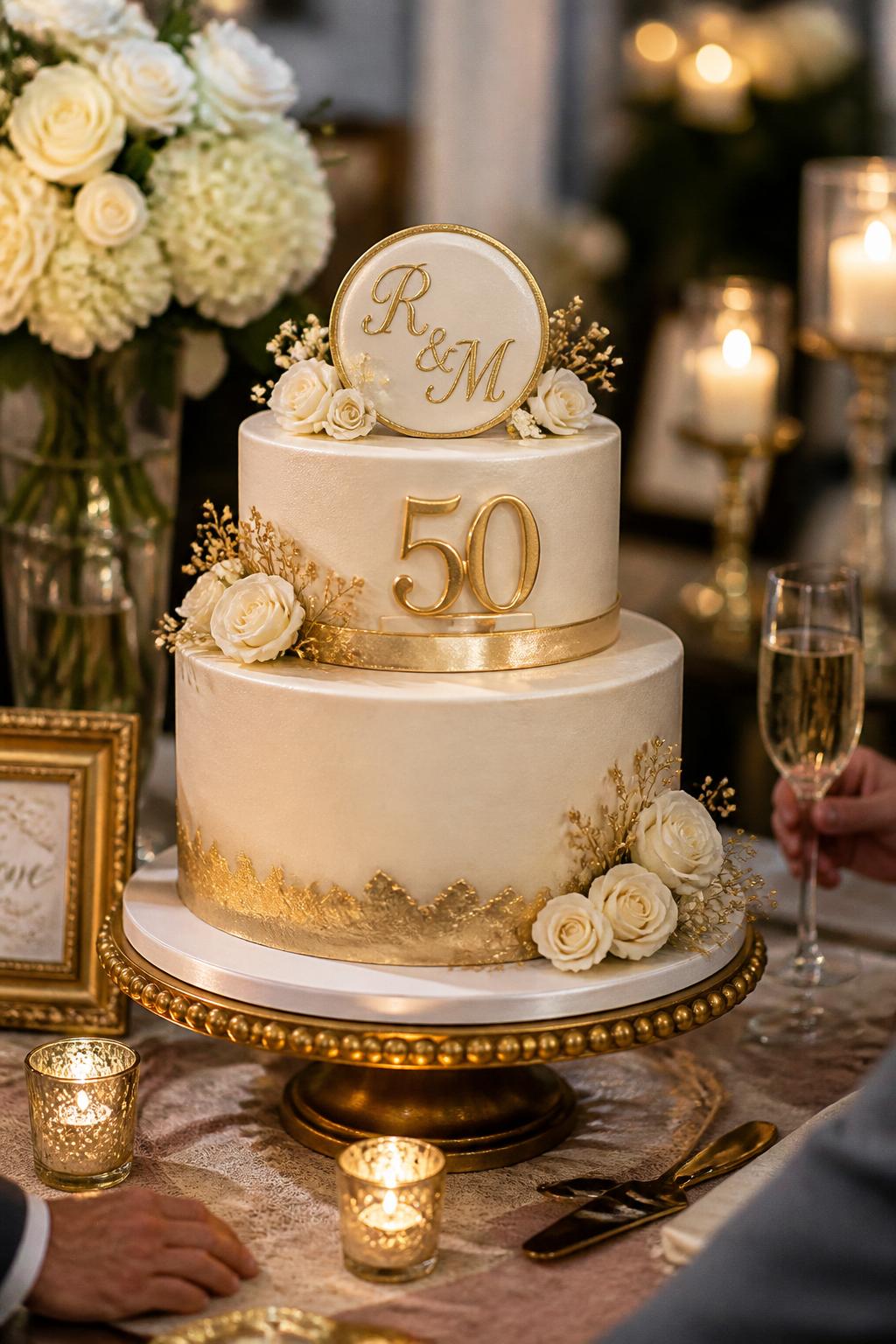 Image Prompt: Ultra-realistic 50th wedding anniversary party image featuring a classy tiered anniversary cake with a refined monogram plaque or topper showing the couple’s initials, plus an elegant number "50" detail. Use smooth white or ivory frosting with soft gold accents and a few small flowers. Place the cake on an anniversary dessert table with candles, champagne glasses, framed decor, floral arrangements, and soft party lighting. No visible faces. If people appear, show only cropped hands, side views, back views, or neck-down figures. Realistic monogram detail, smooth icing texture, DSLR editorial celebration photography. (no watermarks on images)
