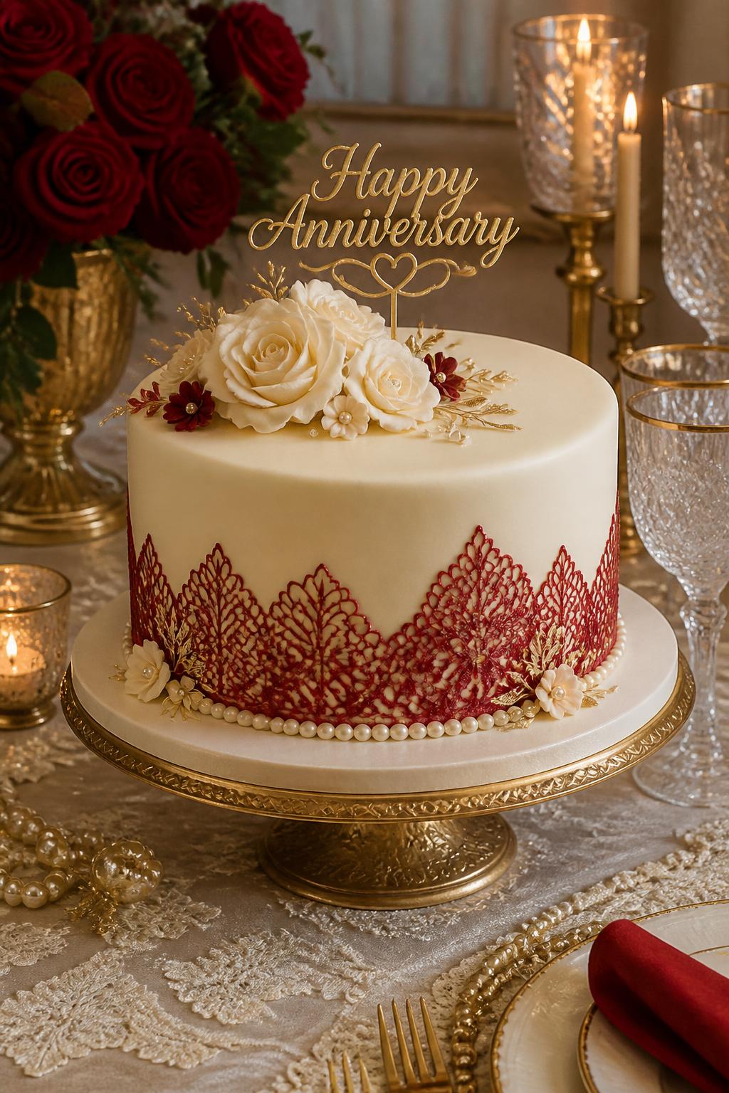 Image Prompt: A graceful anniversary cake with smooth ivory fondant, delicate red edible lace details, pearl accents, cream sugar roses, and a small gold anniversary topper. Style it on a classic dessert table with lace linen, crystal glasses, candles, and red floral decor. Make it elegant, romantic, and realistic, no people, no faces, no watermark. (no watermarks on images)