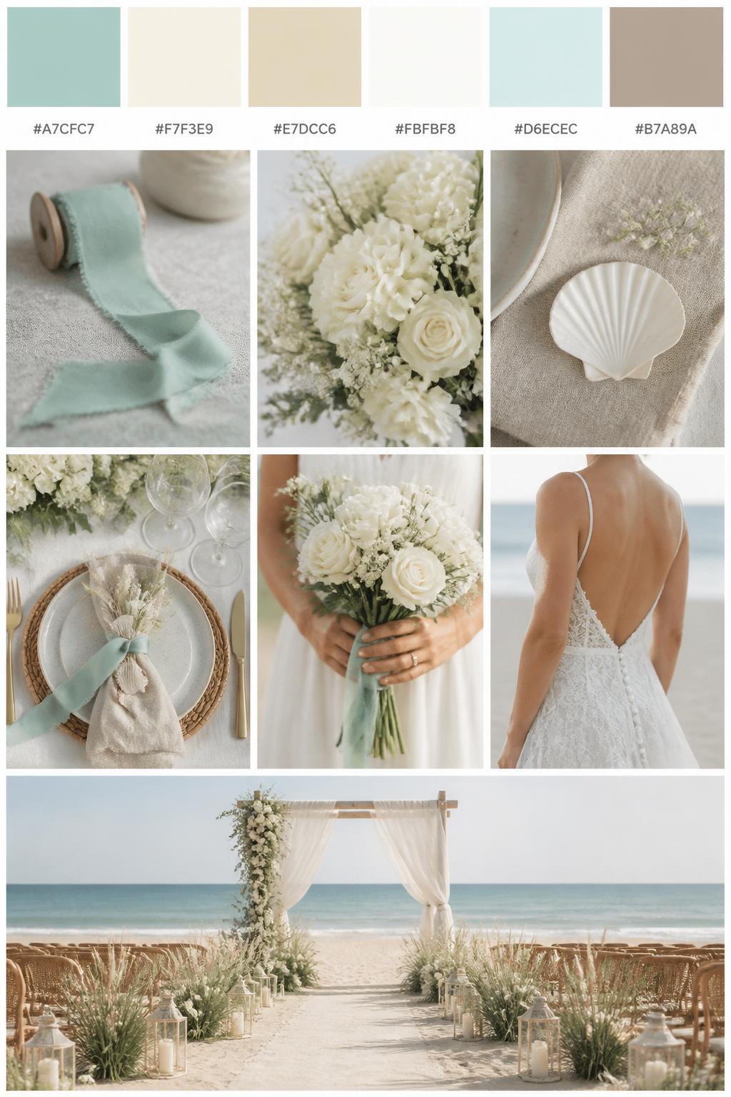 A realistic beach wedding color palette mood board in a Pinterest-style collage layout. Add a top row of clean color swatches with small hex codes in seafoam green, ivory, sand beige, soft white, pale aqua, and warm taupe. Below the swatches, create a polished collage of beach wedding details: seafoam ribbon, ivory flowers, sandy linen textures, shell-inspired place cards, simple table settings, a hands-only bouquet shot, a back-view bridal dress detail, and a no-people beach ceremony setup with soft fabric and coastal flowers. Use side views, back views, cropped-from-neck shots, hands-only details, and no-people scenes to avoid showing faces. Soft natural beach light, DSLR-style realism, 9:16 vertical format. No extra text except small hex codes on the palette strip. (no watermarks on images)