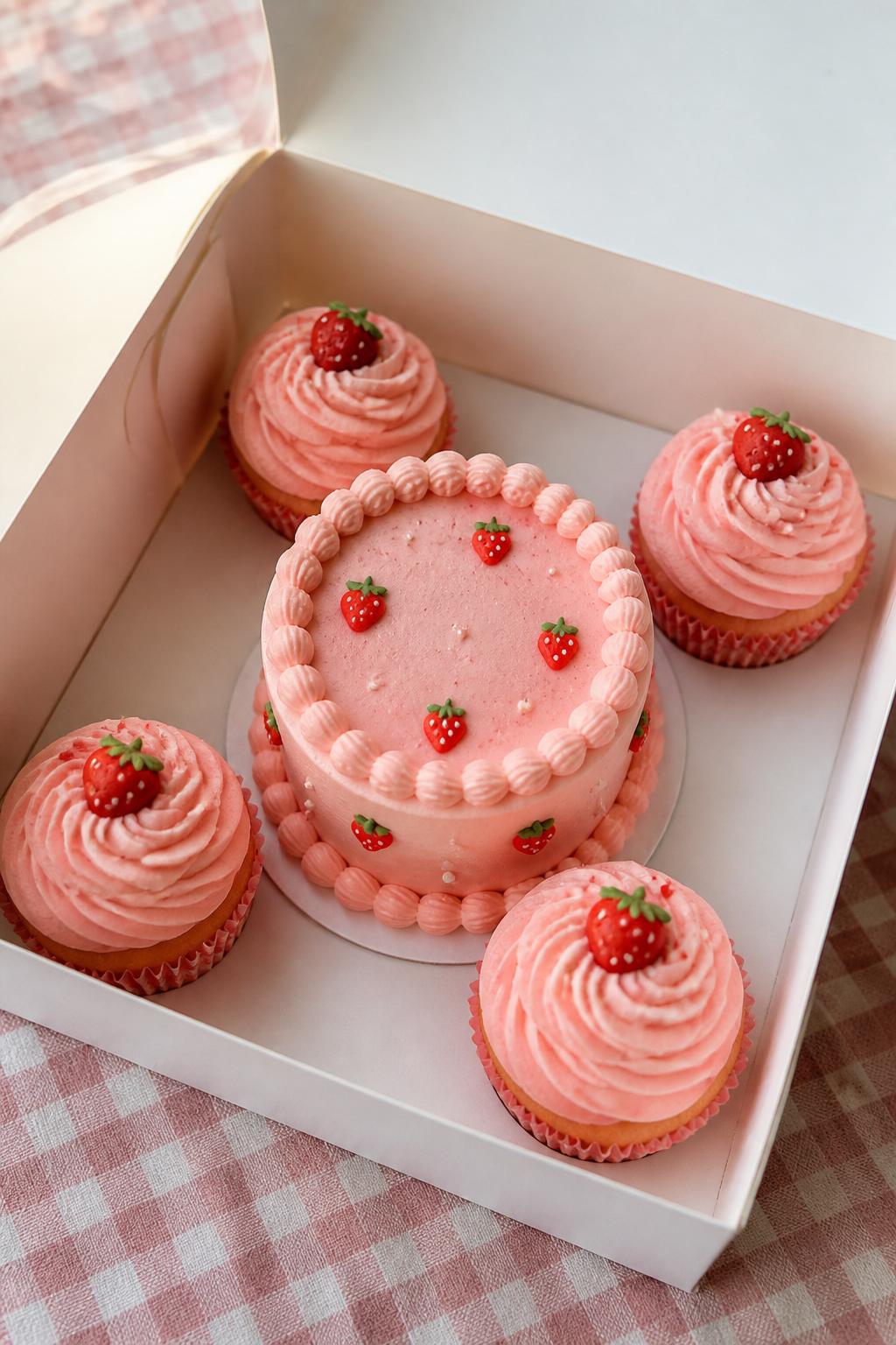 Image Prompt:
A sweet strawberry pink bento cake with cupcakes set arranged neatly in an open white bakery box, one small pale strawberry pink bento cake with tiny strawberry details and a simple piped border, surrounded by four matching cupcakes with pink frosting swirls and miniature strawberry decorations, cheerful bakery styling, bright natural light, realistic dessert photography, no people, no hands, no faces, no watermarks on images