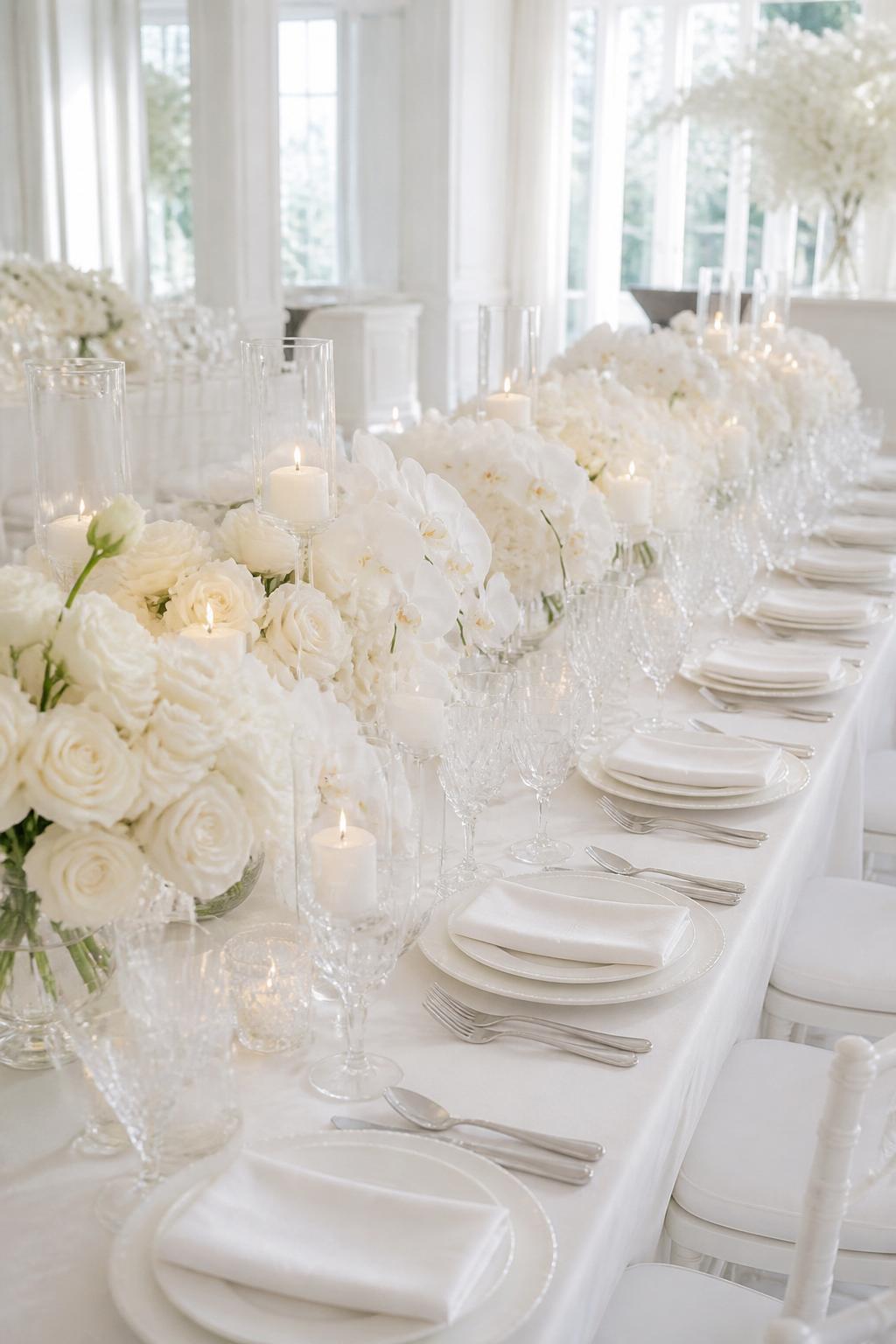 Image Prompt:
A high-end editorial wedding table image featuring a long rectangle table styled in all-white decor, white tablecloth, white roses, white orchids, white napkins, white plates, clear glass candle holders, clear crystal glasses, and silver flatware. The background is a bright luxury wedding venue with soft daylight, no visible faces, table-focused composition, no text, no watermark.