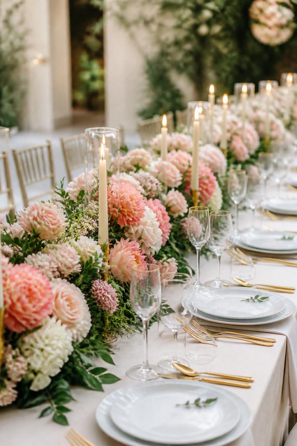 A stunning wedding reception table photo showing a long table with a pink floral garland running down the center, using blush roses, pink peonies, soft coral blooms, ivory flowers, and greenery. Add taper candles, white plates, gold flatware, clear glassware, and ivory linen. Romantic garden or ballroom reception setting, no visible faces, no text, no watermark, realistic DSLR editorial photography, (no watermarks on images)