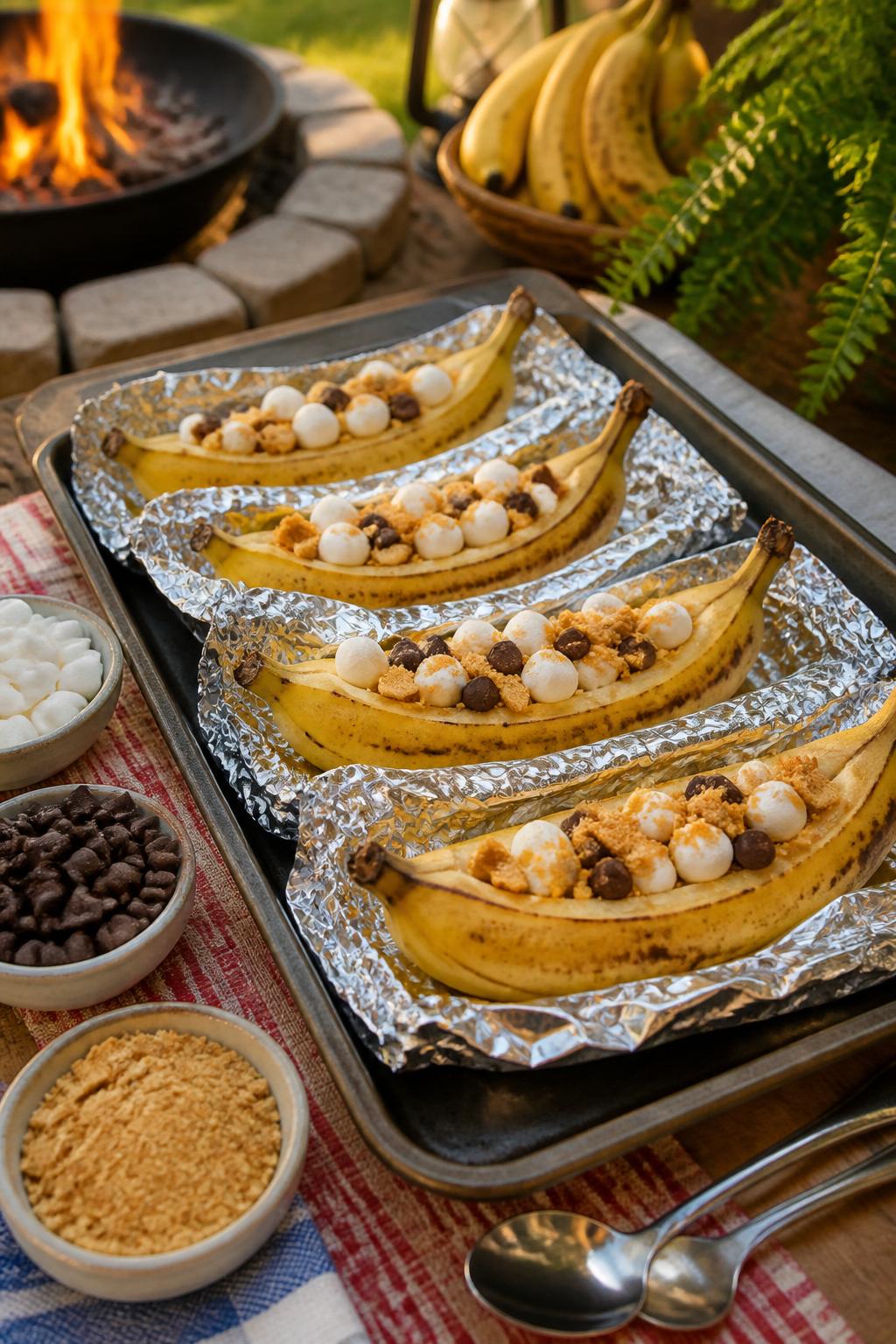 Detailed Image Prompt:
A cozy summer food craft photo showing banana boats on foil sheets, bananas split open and filled with mini marshmallows, chocolate chips, and crushed graham crackers, arranged on a tray beside spoons and toppings, backyard camp-style snack setup, warm natural light, no people, no faces, no readable text, no watermark on images.