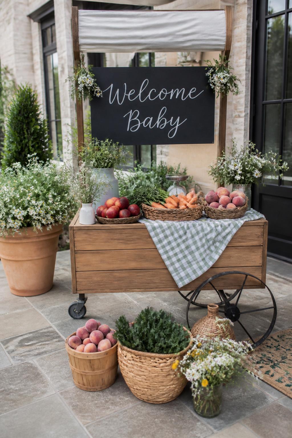 Image Prompt:
A realistic single-image baby shower entrance setup styled like a small farmers market welcome stand, wooden produce cart placed near a garden patio entrance, chalkboard sign reading “Welcome Baby” in soft white handwritten lettering, baskets of fresh peaches, apples, carrots, and leafy greens arranged neatly around the cart, pastel gingham fabric draped over one side, small bunches of wildflowers in glass jars, soft daylight, natural outdoor setting, no people, no faces, editorial party decor photography, latest iPhone photo quality, realistic textures, no watermarks on images