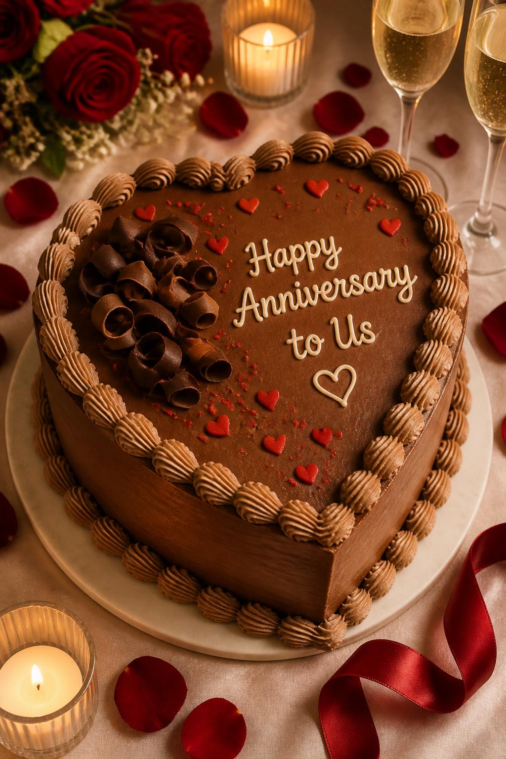 Image Prompt: A cute heart-shaped chocolate anniversary cake with smooth chocolate buttercream, cream shell piping, tiny red hearts, chocolate curls, and a small romantic message on top. Style it on a cozy dessert table with rose petals, candles, satin ribbon, and champagne glasses. Make it sweet, romantic, and realistic, with detailed buttercream texture, no people, no faces, no watermark. (no watermarks on images)
