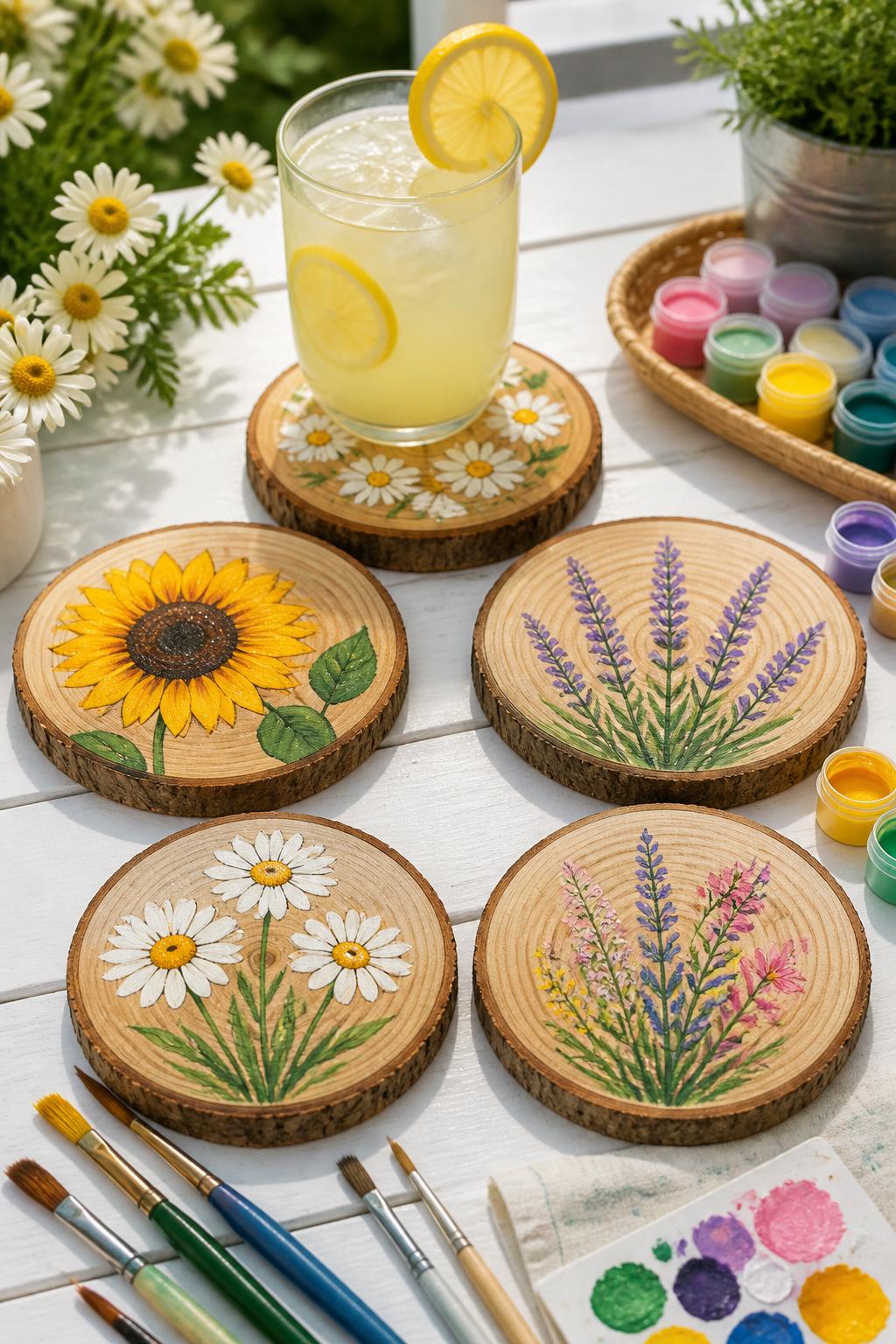 Detailed Image Prompt:
A pretty summer craft photo showing wood slice flower coasters, round natural wood slices painted with simple daisy, sunflower, lavender, and wildflower designs, arranged beside a glass of lemonade on a white outdoor table, paintbrushes and acrylic paints nearby, fresh handmade summer decor style, no people, no faces, no readable text, no watermark on images.