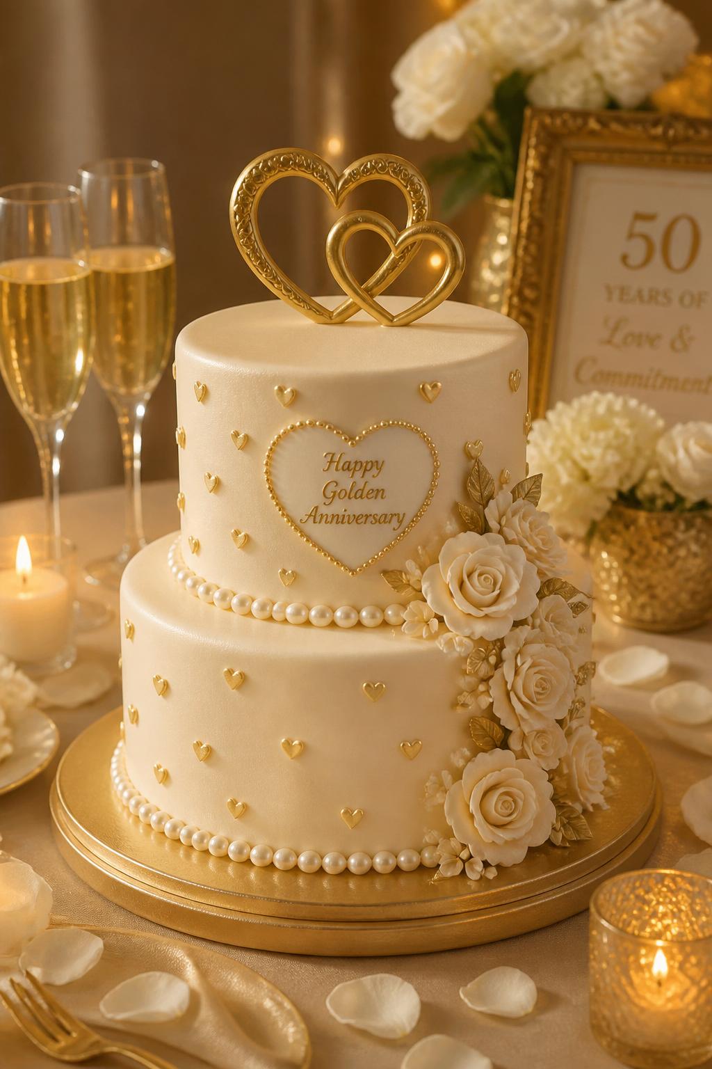 Image Prompt: A romantic golden wedding anniversary cake with smooth ivory fondant, small raised gold hearts, pearl borders, cream sugar flowers, and a delicate gold heart topper. Style it on a warm anniversary dessert table with candles, champagne flutes, rose petals, and soft gold decor. Make it look sweet, meaningful, and realistic, no people, no faces, no watermark. (no watermarks on images)