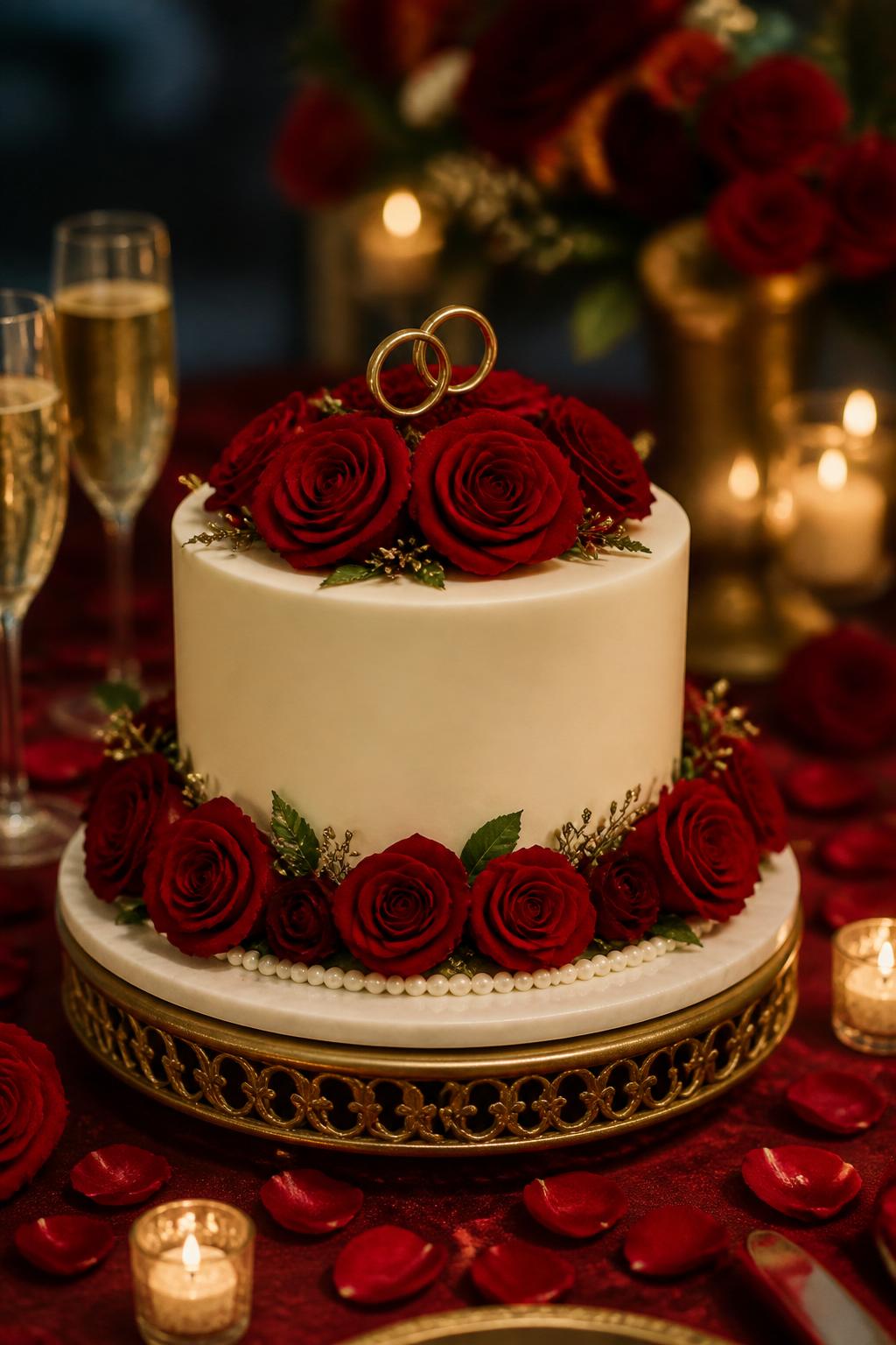 Image Prompt: A beautiful red anniversary cake with smooth ivory buttercream, deep red roses arranged around the top and base, delicate pearl borders, and a small gold anniversary topper. Style it on an elegant dessert table with red rose petals, champagne glasses, candles, and warm romantic lighting. Make it realistic, polished, and editorial, no people, no faces, no text overlay, no watermark. (no watermarks on images)