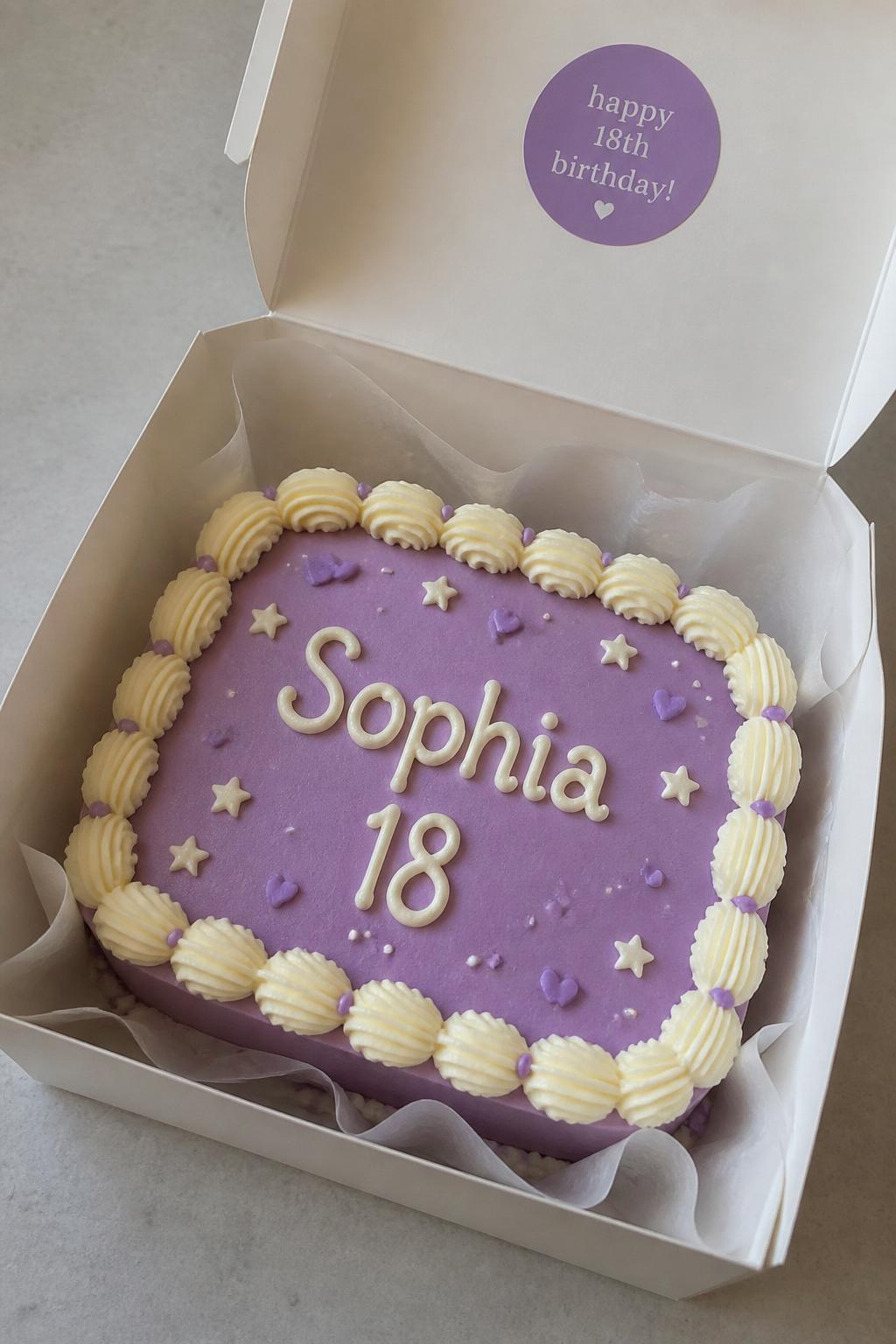 Image Prompt:
A personalized 18th birthday bento cake inside an open white cake box, smooth lavender frosting, neat cream piped border, a first name written clearly in white icing with the number “18” below it, tiny star and heart accents, clean custom birthday styling, realistic close-up bakery photo, no people, no hands, no faces, no watermarks on images