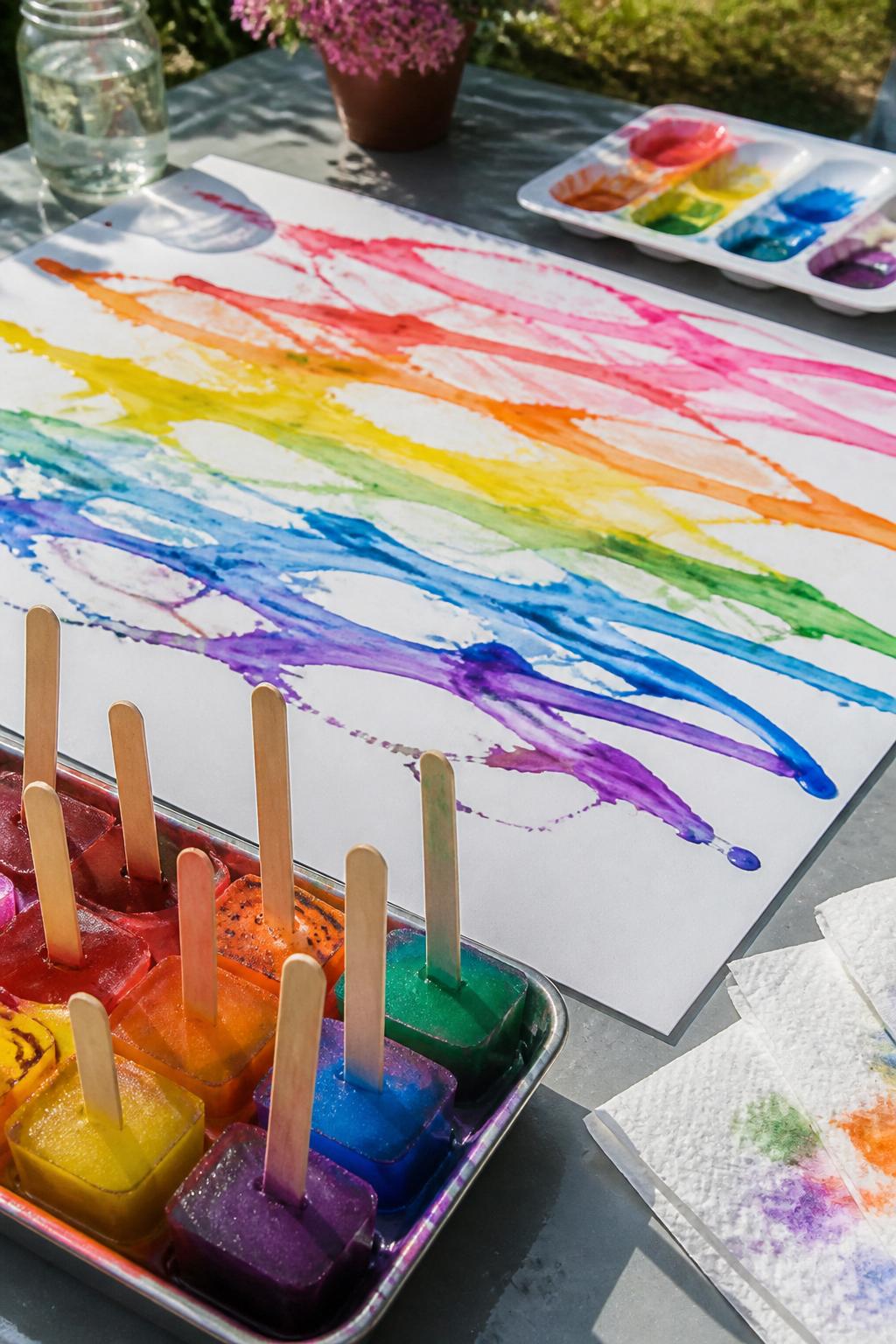Detailed Image Prompt:
A fun summer art project photo showing colorful ice cube painting on thick white paper, frozen paint cubes in a tray with wooden sticks, bright streaks of melted color across the paper, outdoor craft table setup, paper towels and paint tray nearby, sunny summer activity style, no children, no faces, no readable text, no watermark on images.
